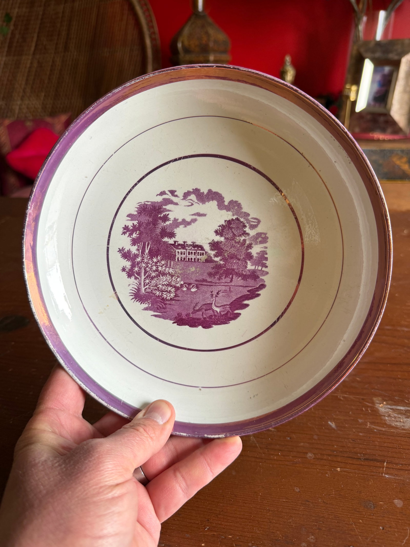 Rare Antique Pink Lustre and Bat Printed Pearlware Low Serving Bowl, Attributed to Thomas Wolfe, Cir - 12