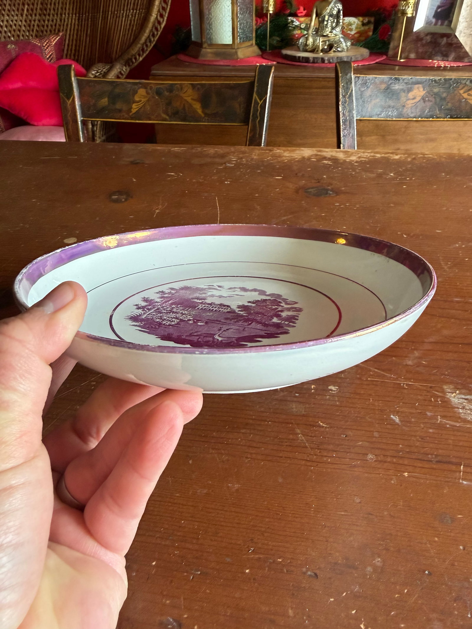 Rare Antique Pink Lustre and Bat Printed Pearlware Low Serving Bowl, Attributed to Thomas Wolfe, Cir - 13