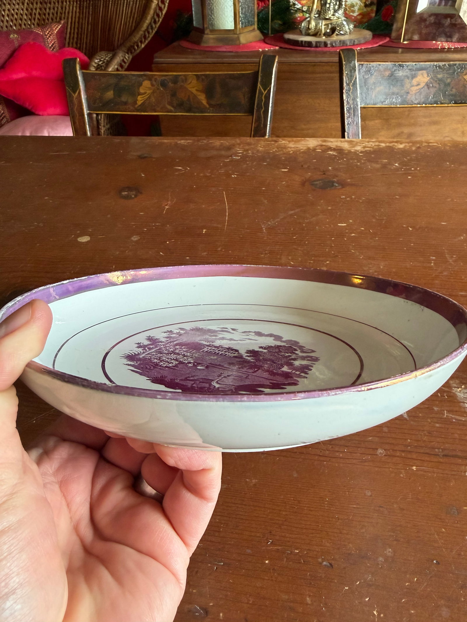 Rare Antique Pink Lustre and Bat Printed Pearlware Low Serving Bowl, Attributed to Thomas Wolfe, Cir - 14