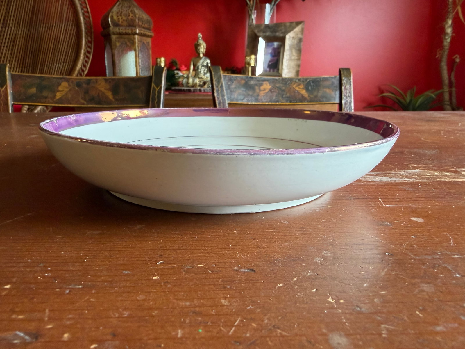 Rare Antique Pink Lustre and Bat Printed Pearlware Low Serving Bowl, Attributed to Thomas Wolfe, Cir - 2