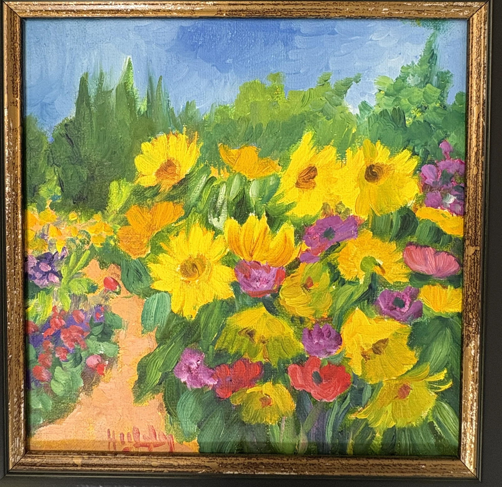 Original Signed Framed Acrylic Painting on Canvas Depicting a Flower Garden - 4