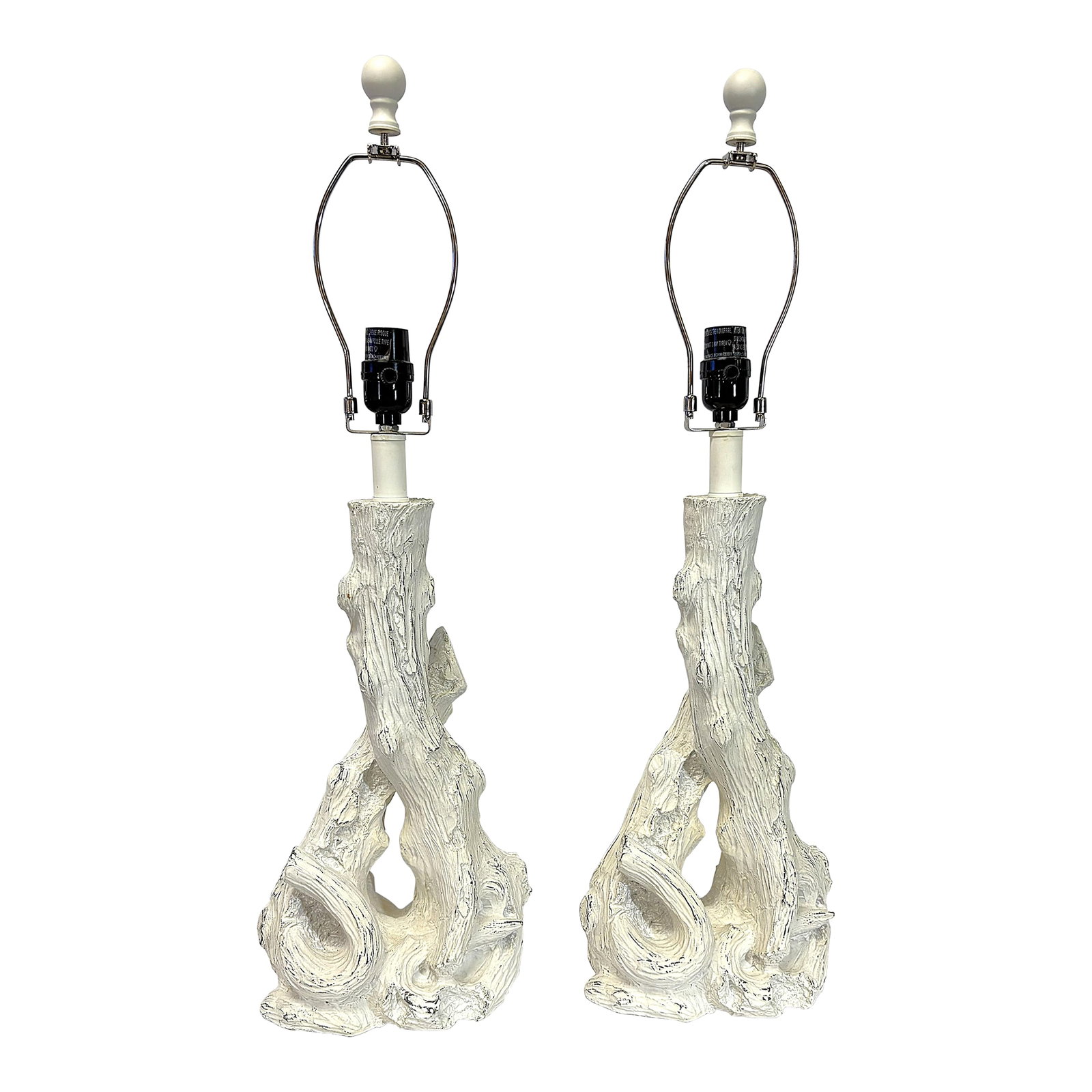 Italian Style Faux Bois Table Lamps- A Pair: Great pair of Italian style faux bois table lamps from the early 21st century. They are made of a composite material and shaped like winding tree branches with a matte white paint finish. They have