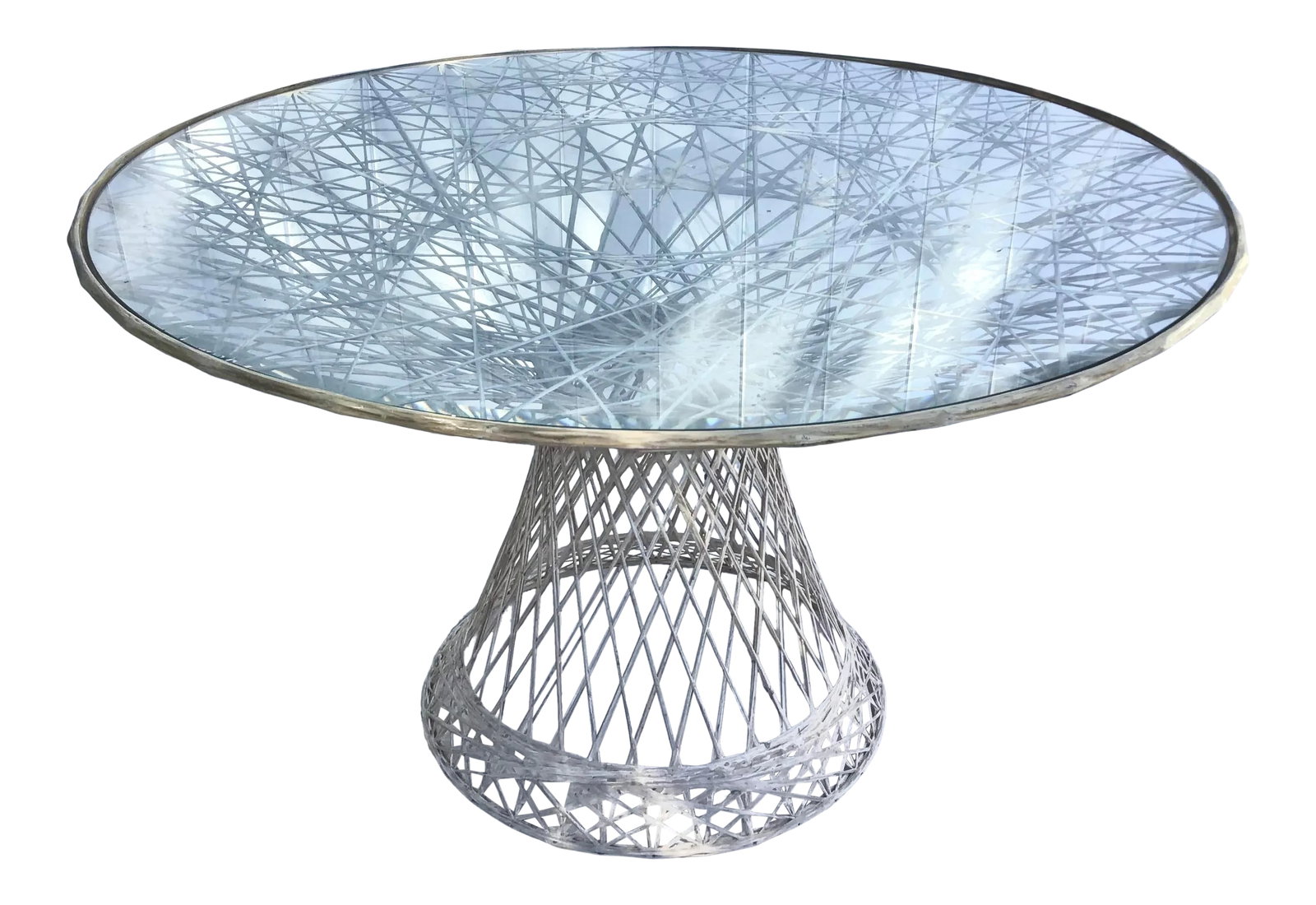 Mid Century Spun Fiberglass Patio Dining Table: A sculptural spun fiberglass table by Russell Woodard. Made of rigid bands of off-white fiberglass. Would look great indoors or outdoors. Custom beveled glass top included. Condition: Alterations: Ori