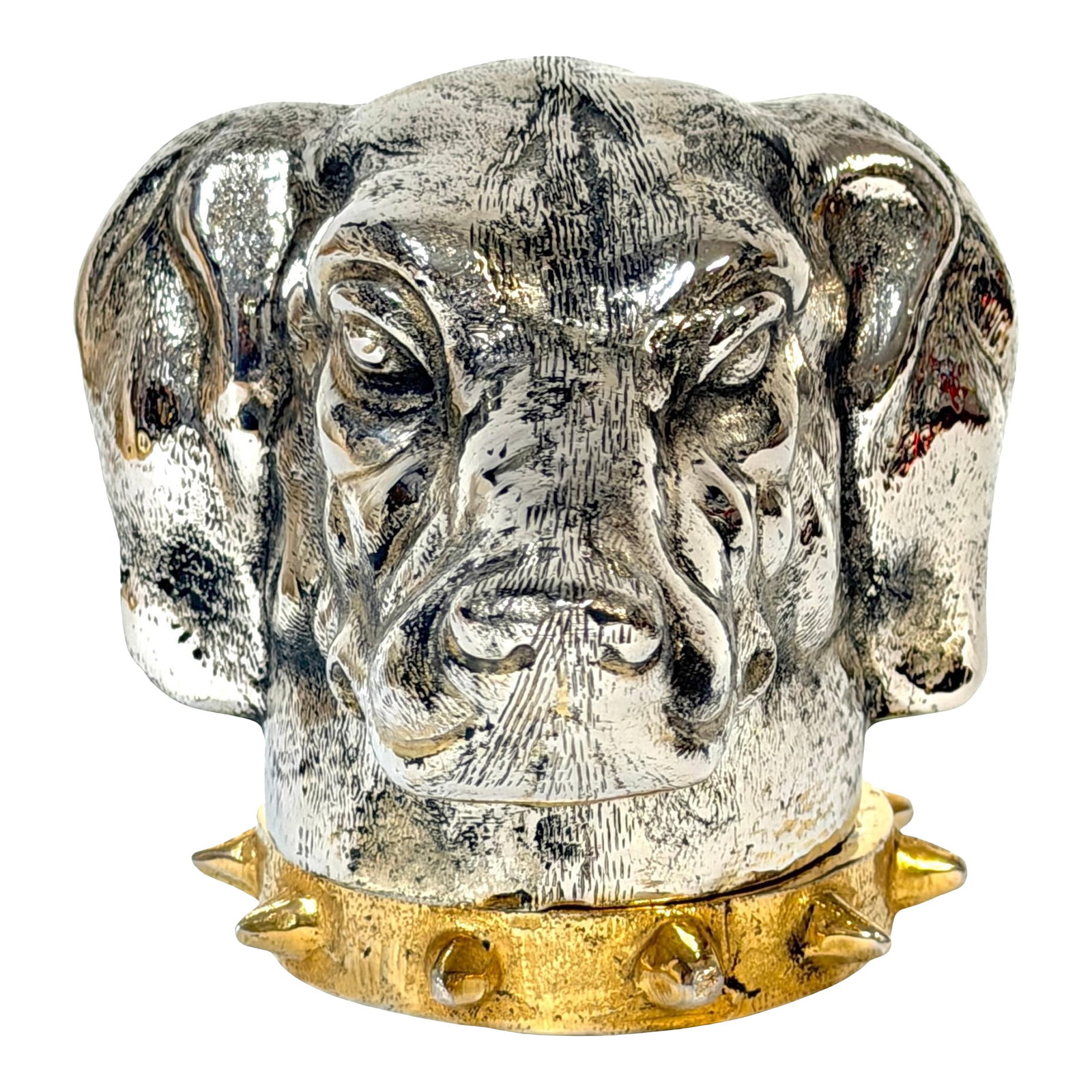 Carole Stupell Silvered & Gilt Bronze Foxhound Box, Signed, Italian Made: Carole Stupell Silvered & Gilt Bronze Foxhound Box, Signed & Italian-Made Italy, Late 20th Century Dimensions: 5" H x 5" W x 6.5" D Interior: 2.5" Diameter x 3.25" High Weight: 4.5 lbs, Two pieces,