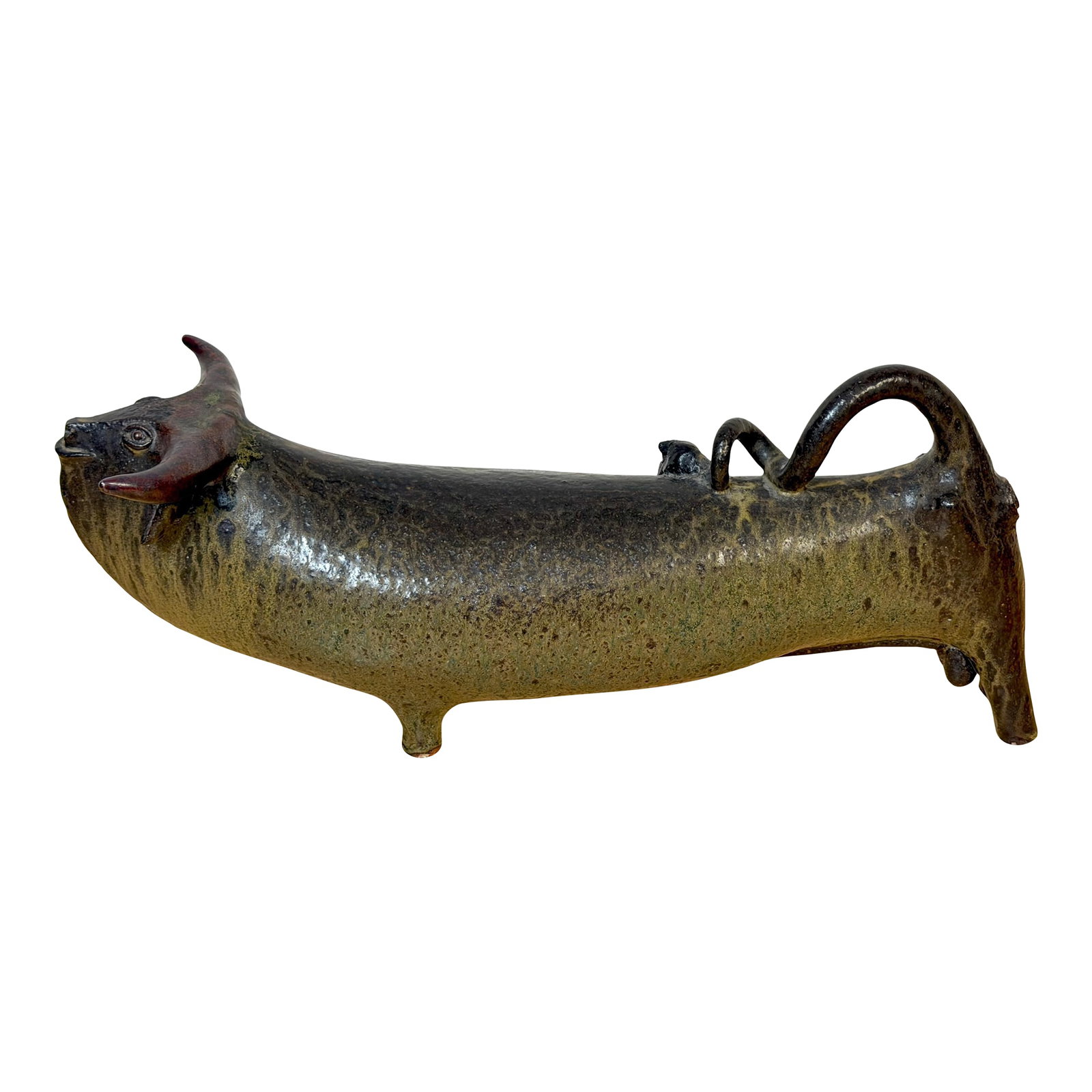 Jorge Mealha (1934 -2021) Pottery, Large Bull Sculpture Portugal, late 20th C.: Jorge Mealha (1934-2021) Pottery"”Large Bull Sculpture Portugal, late 20th century Dimensions: 17" W × 5.5" D × 7.5" H Material: Hand-built stoneware with expressive ash and iron-rich