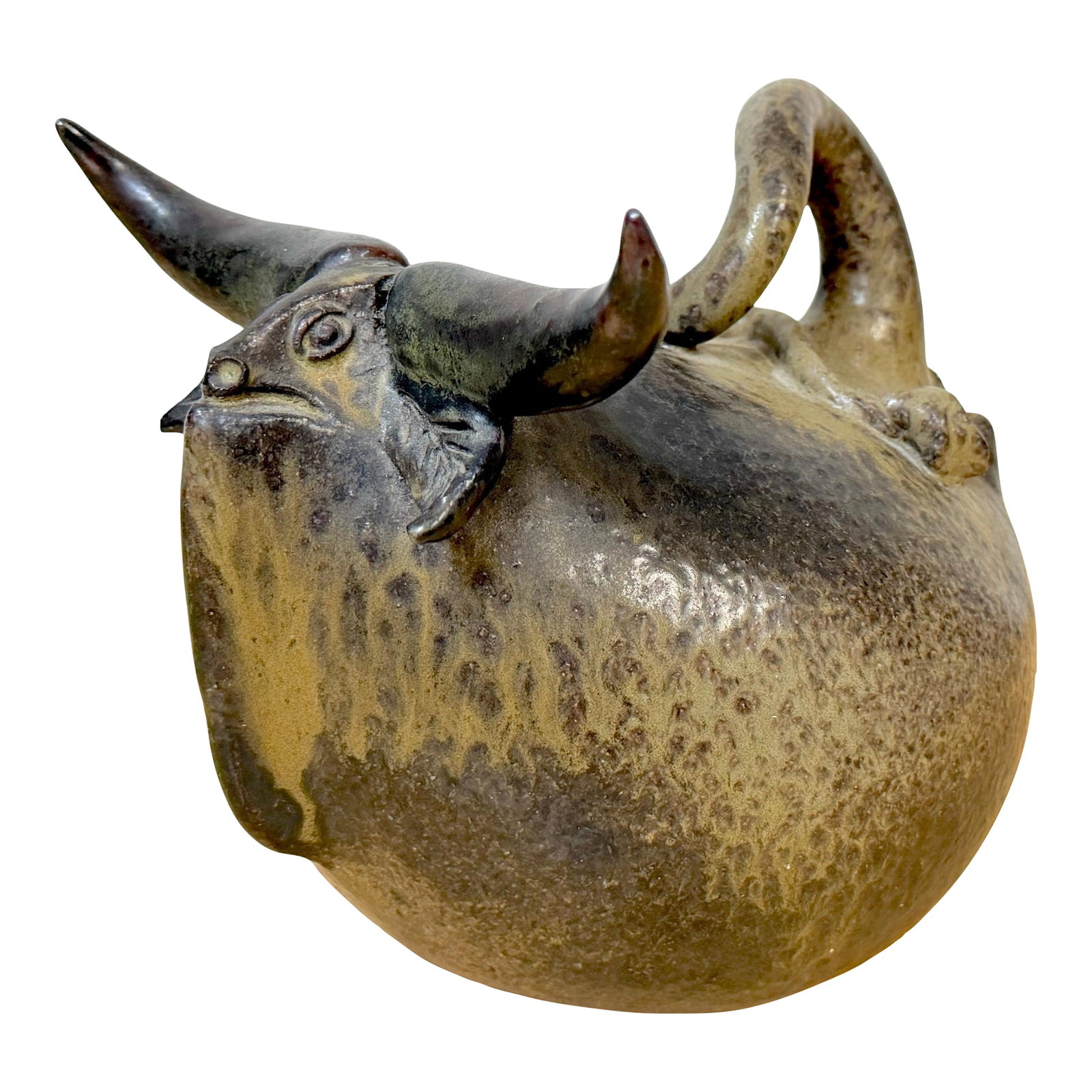 Jorge Mealha (1934–2021) Sculptural Steer / Bovine Form Portugal, late 20th C.: Jorge Mealha (1934–2021) Sculptural Steer/Bovine Form Portugal, late 20th century Dimensions: 7.5" W × 5.5" D × 6" H Material: Hand-built stoneware with iron-rich glaze Marks: Incised