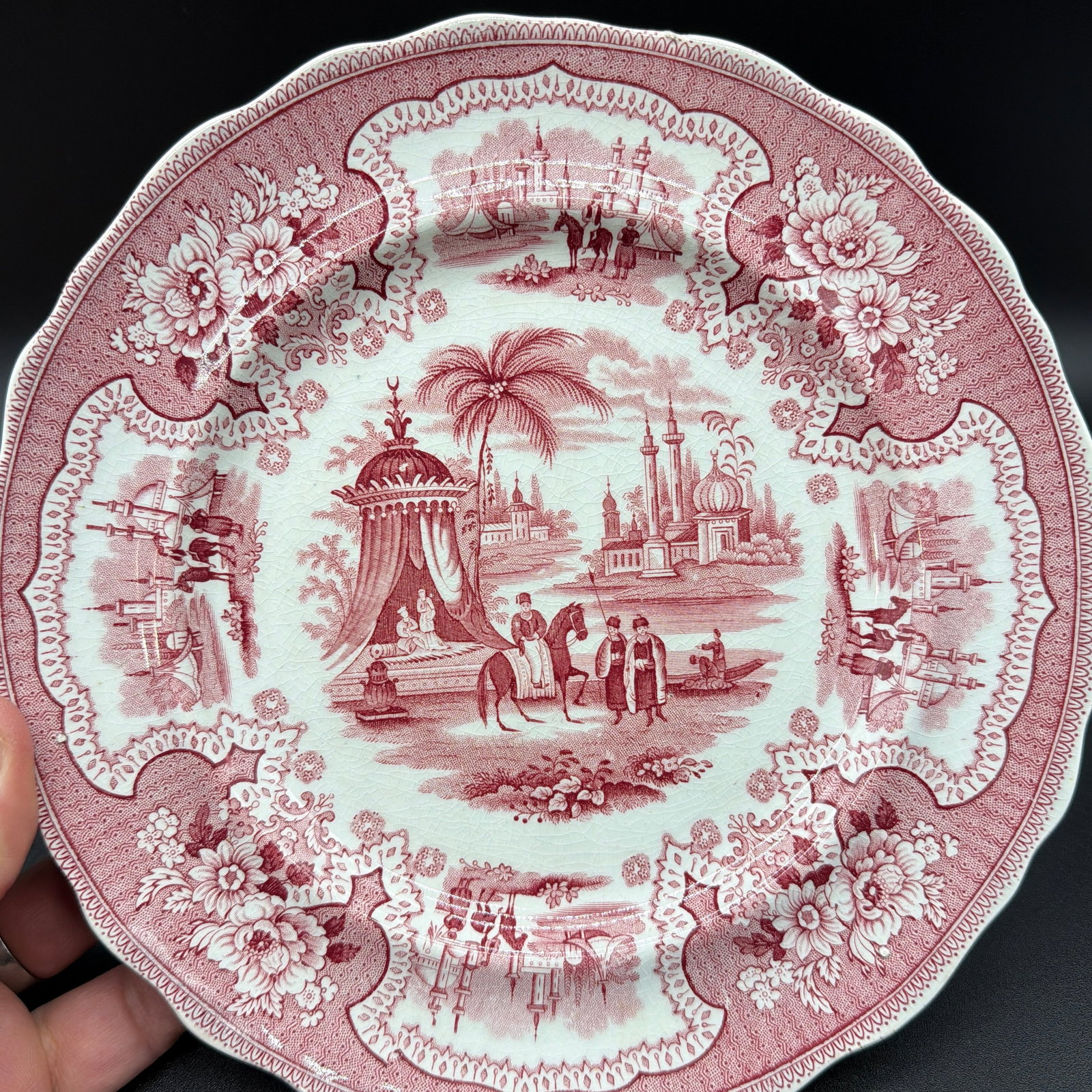 A Pair of Antique Staffordshire "Palestine" Pink Transfer Decorated Plates, 1830's - 10
