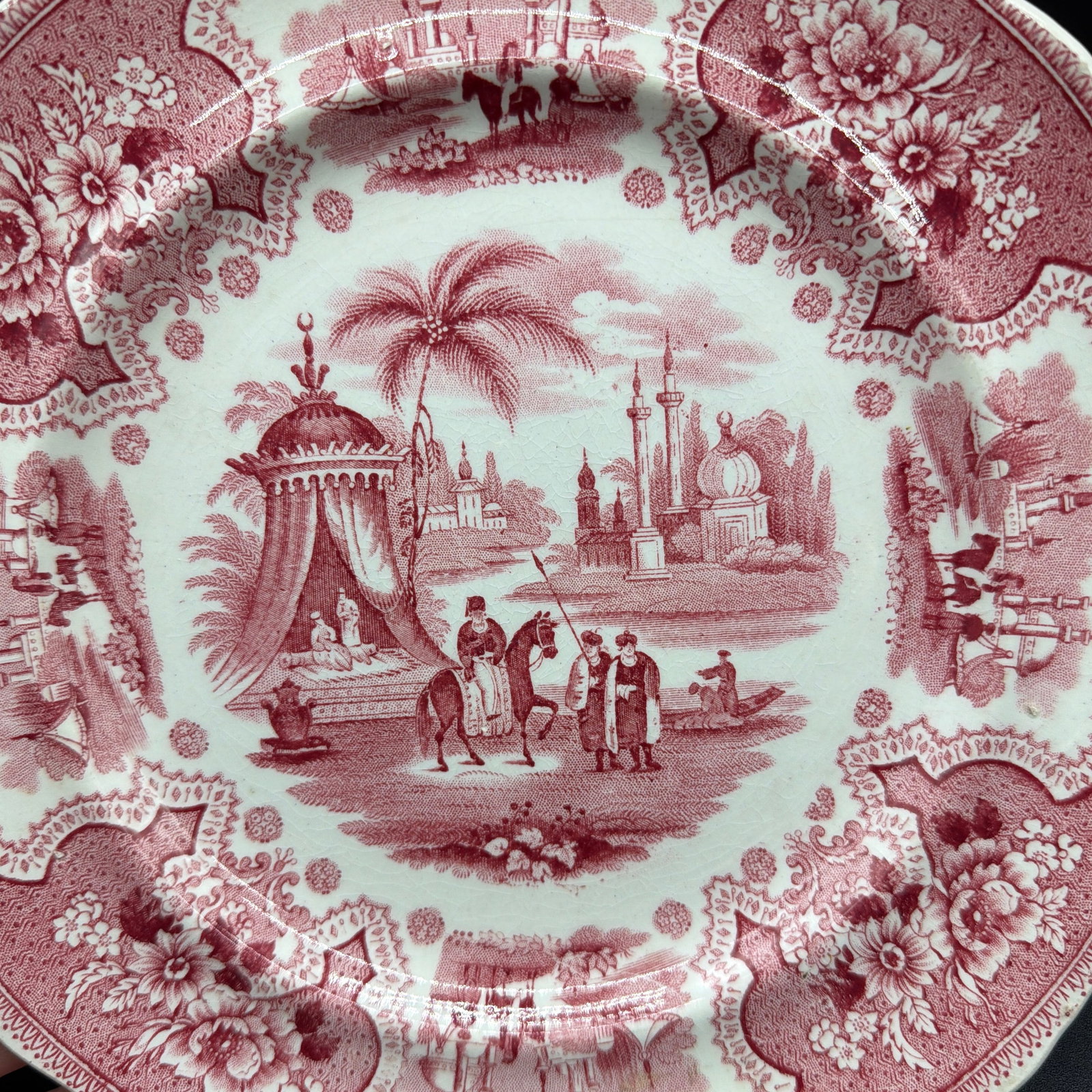 A Pair of Antique Staffordshire "Palestine" Pink Transfer Decorated Plates, 1830's - 11