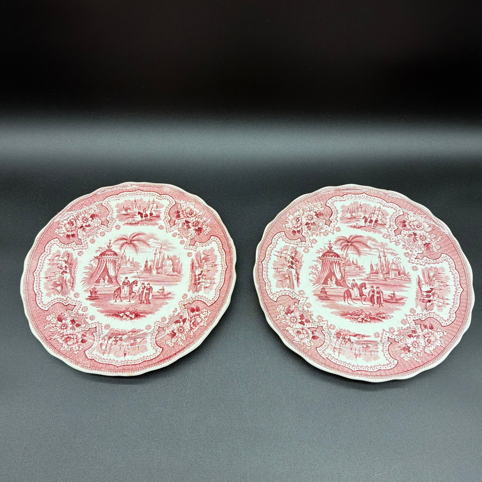 A Pair of Antique Staffordshire "Palestine" Pink Transfer Decorated Plates, 1830's - 12