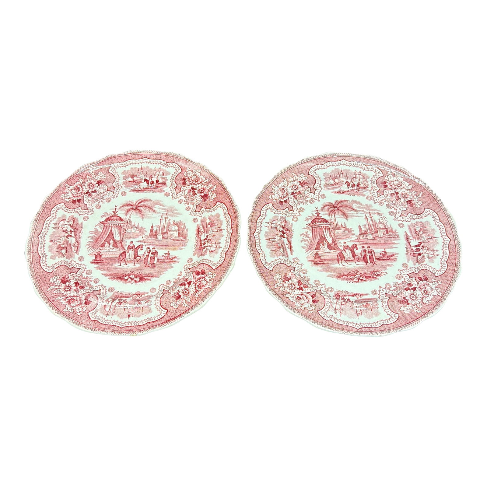 A Pair of Antique Staffordshire "Palestine" Pink Transfer Decorated Plates, 1830's (1 of 12)