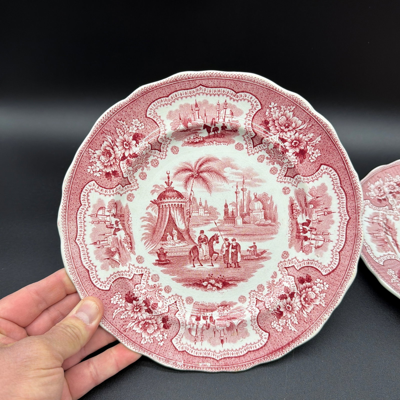 A Pair of Antique Staffordshire "Palestine" Pink Transfer Decorated Plates, 1830's - 2