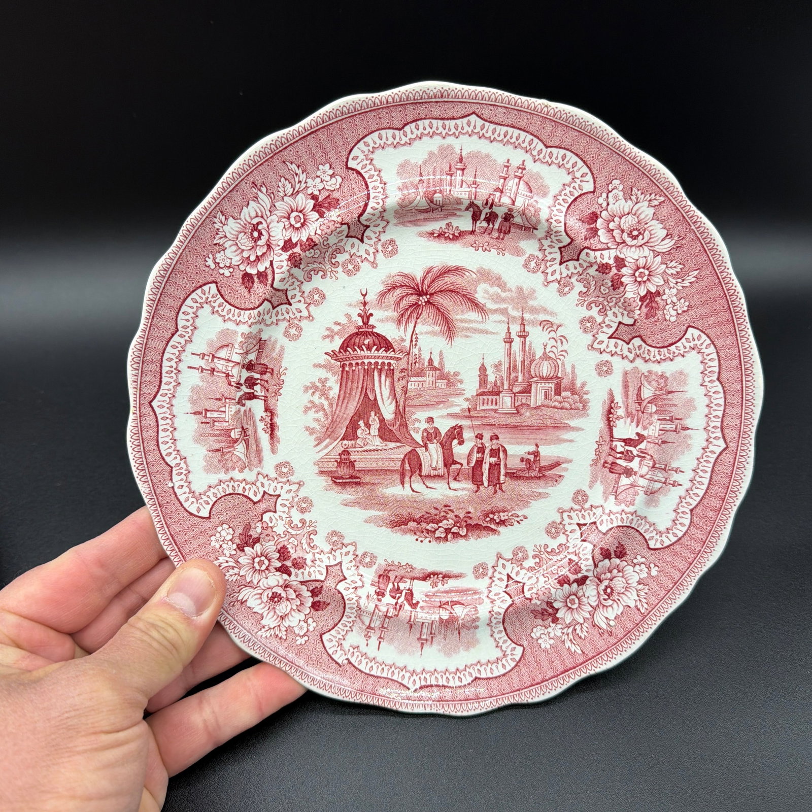 A Pair of Antique Staffordshire "Palestine" Pink Transfer Decorated Plates, 1830's - 3