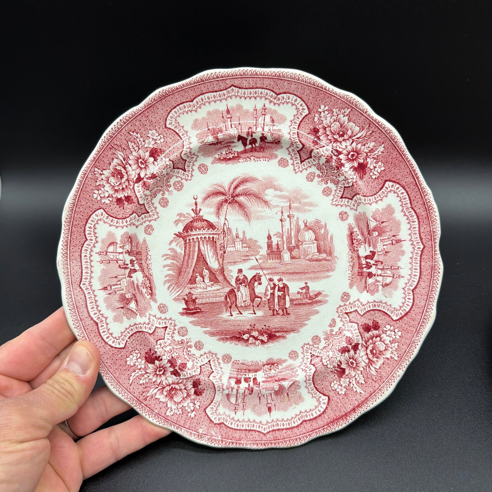 A Pair of Antique Staffordshire "Palestine" Pink Transfer Decorated Plates, 1830's - 8
