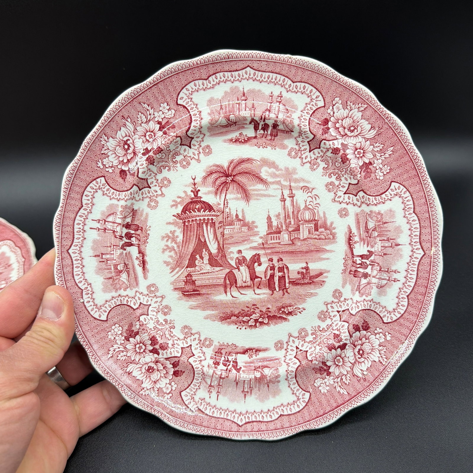 A Pair of Antique Staffordshire "Palestine" Pink Transfer Decorated Plates, 1830's - 9