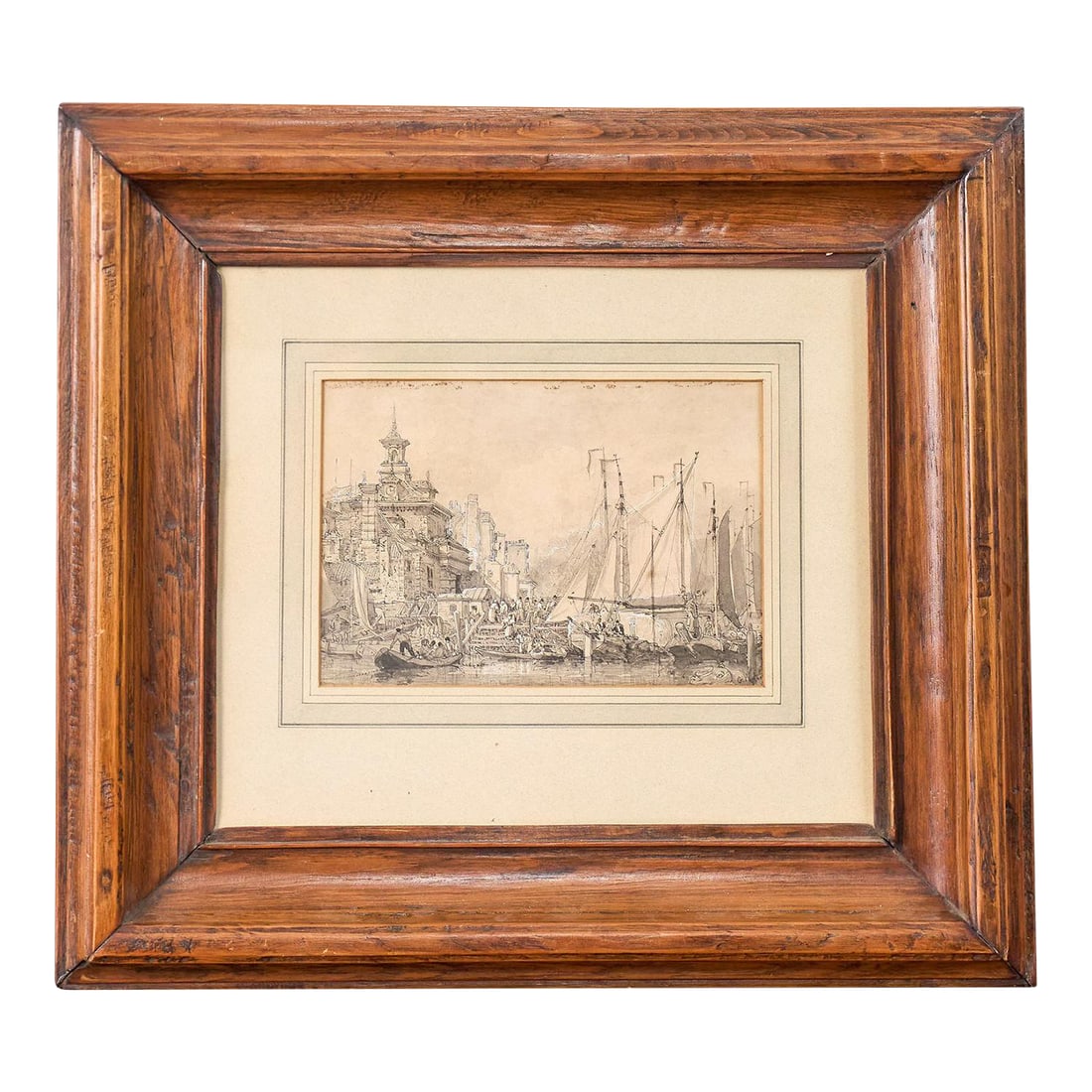 Original 19th Century Gauche + Watercolor Harbor Scene in Oak Frame: Original 19th Century Gauche + Watercolor Harbor Scene in Chunky Oak Frame Condition: Alterations: Original Condition Unaltered Imperfections: Some Imperfections Condition Notes: Patina and signs of