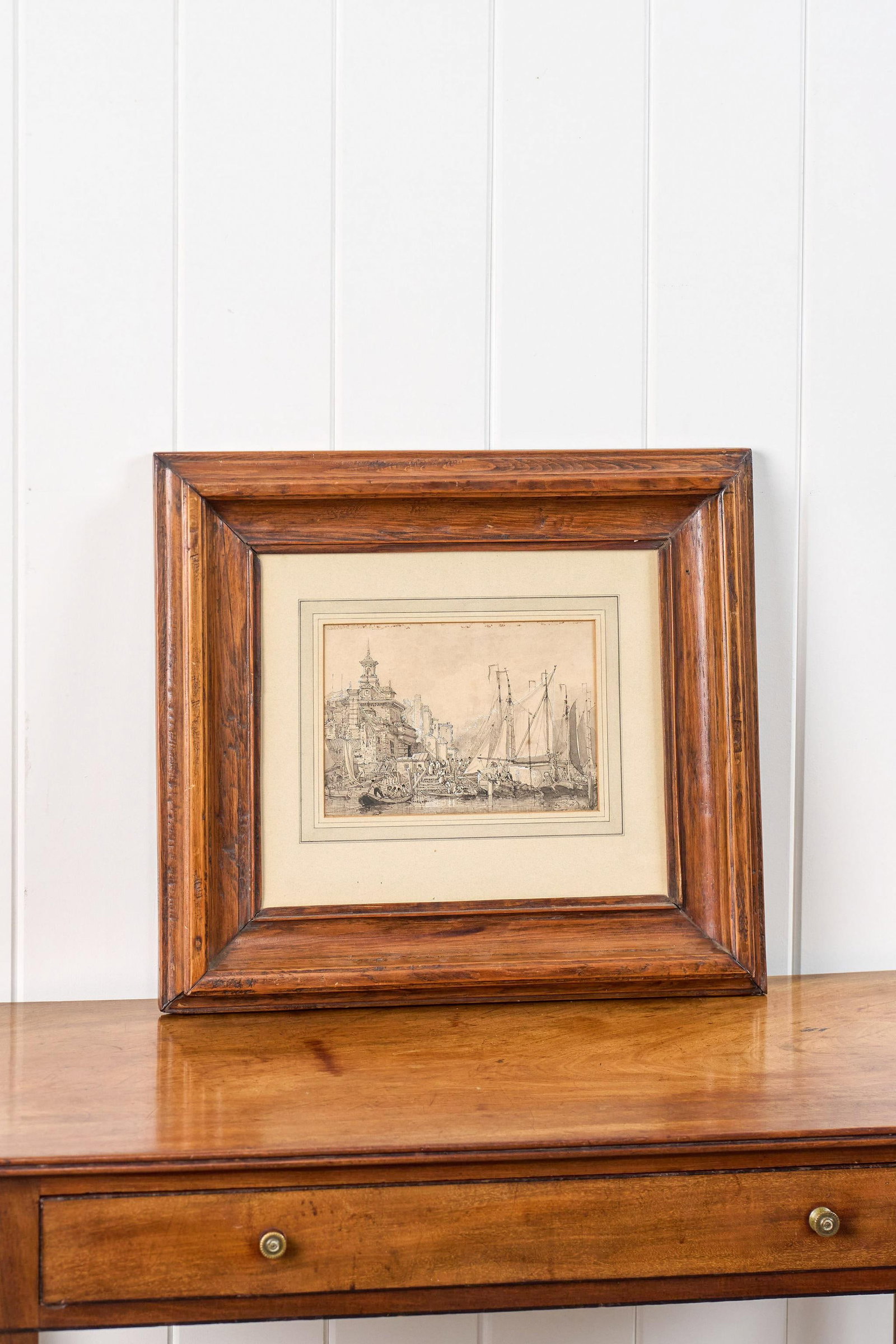Original 19th Century Gauche + Watercolor Harbor Scene in Oak Frame - 2