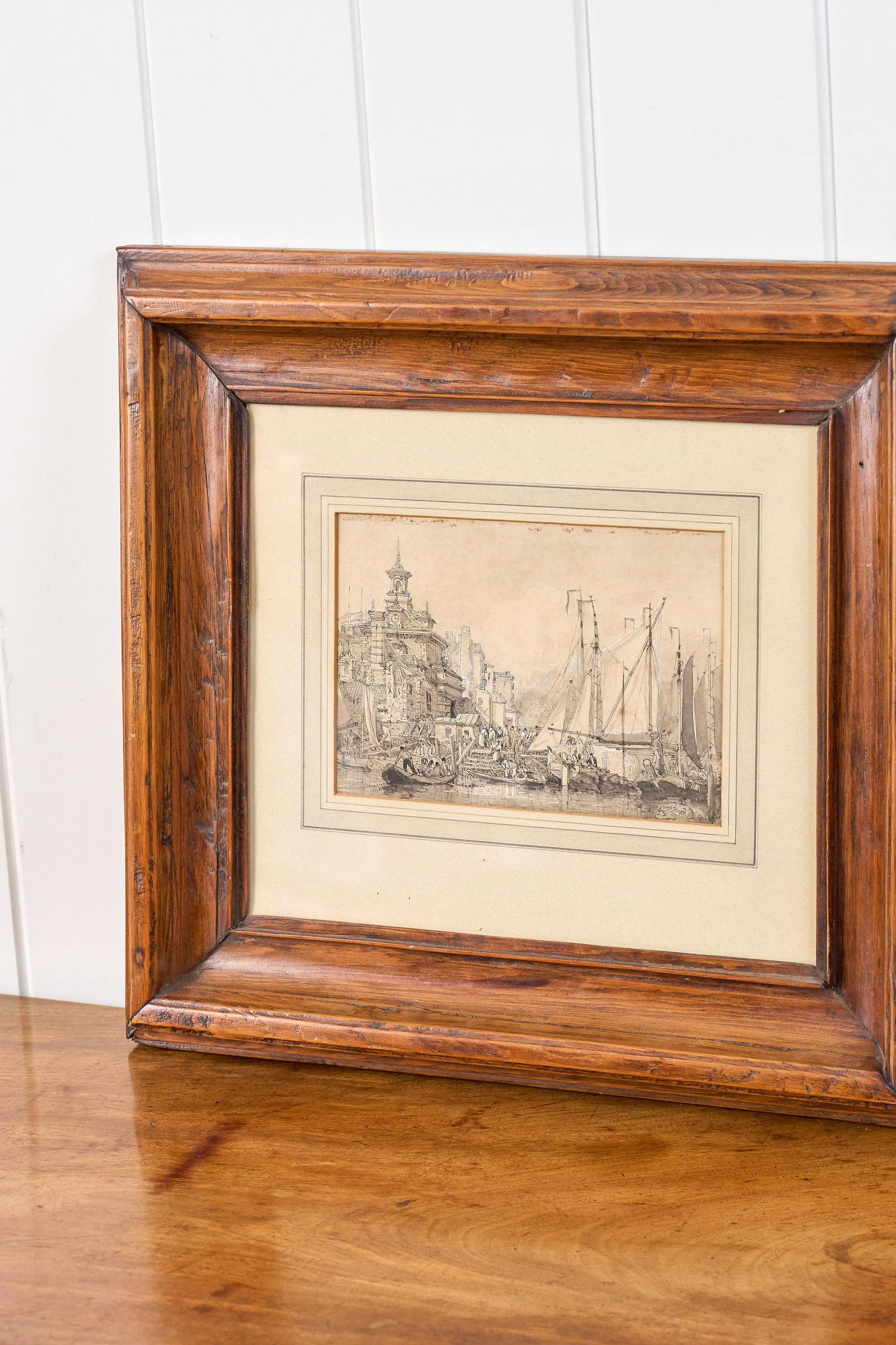 Original 19th Century Gauche + Watercolor Harbor Scene in Oak Frame - 3