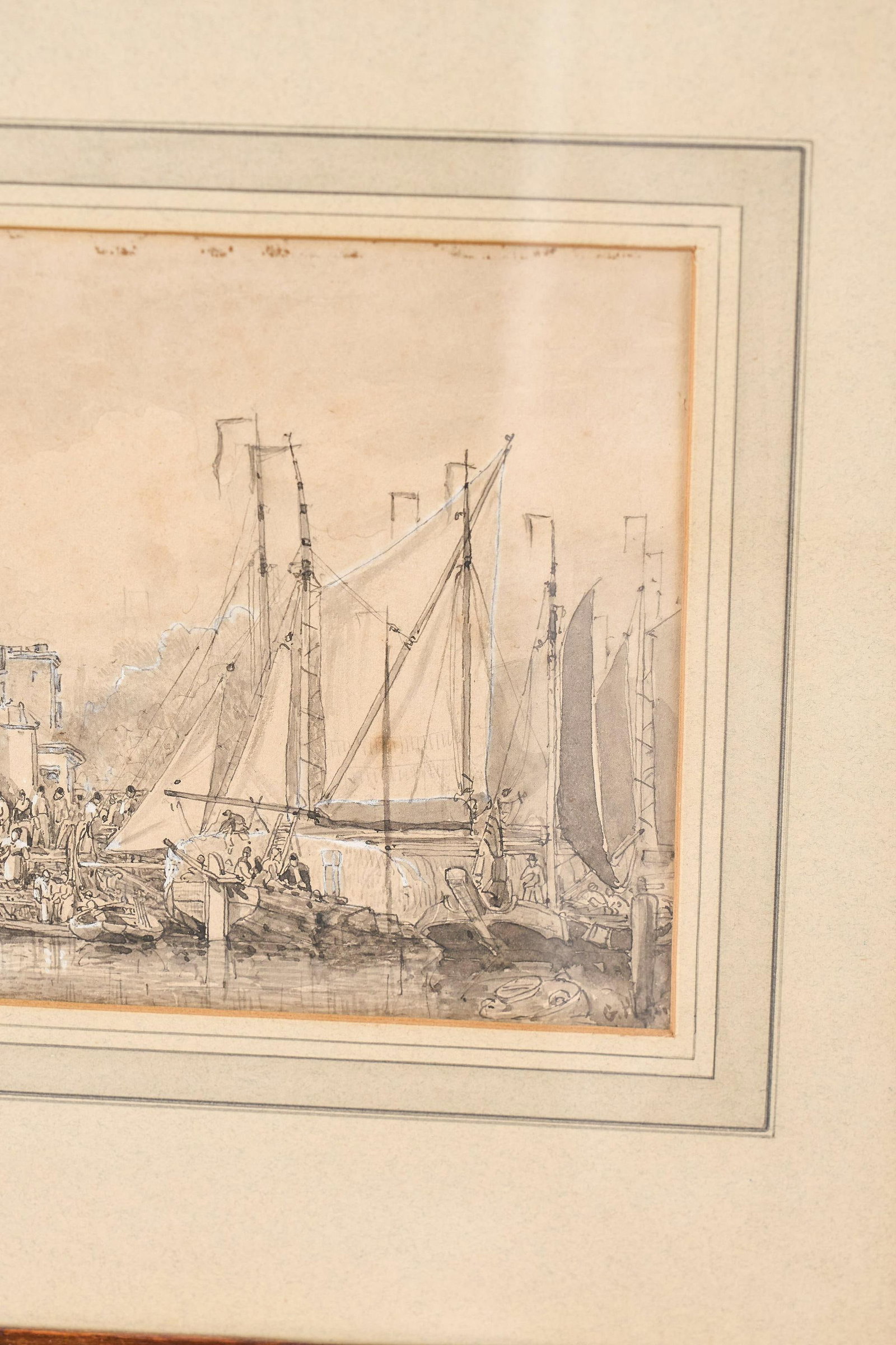 Original 19th Century Gauche + Watercolor Harbor Scene in Oak Frame - 4