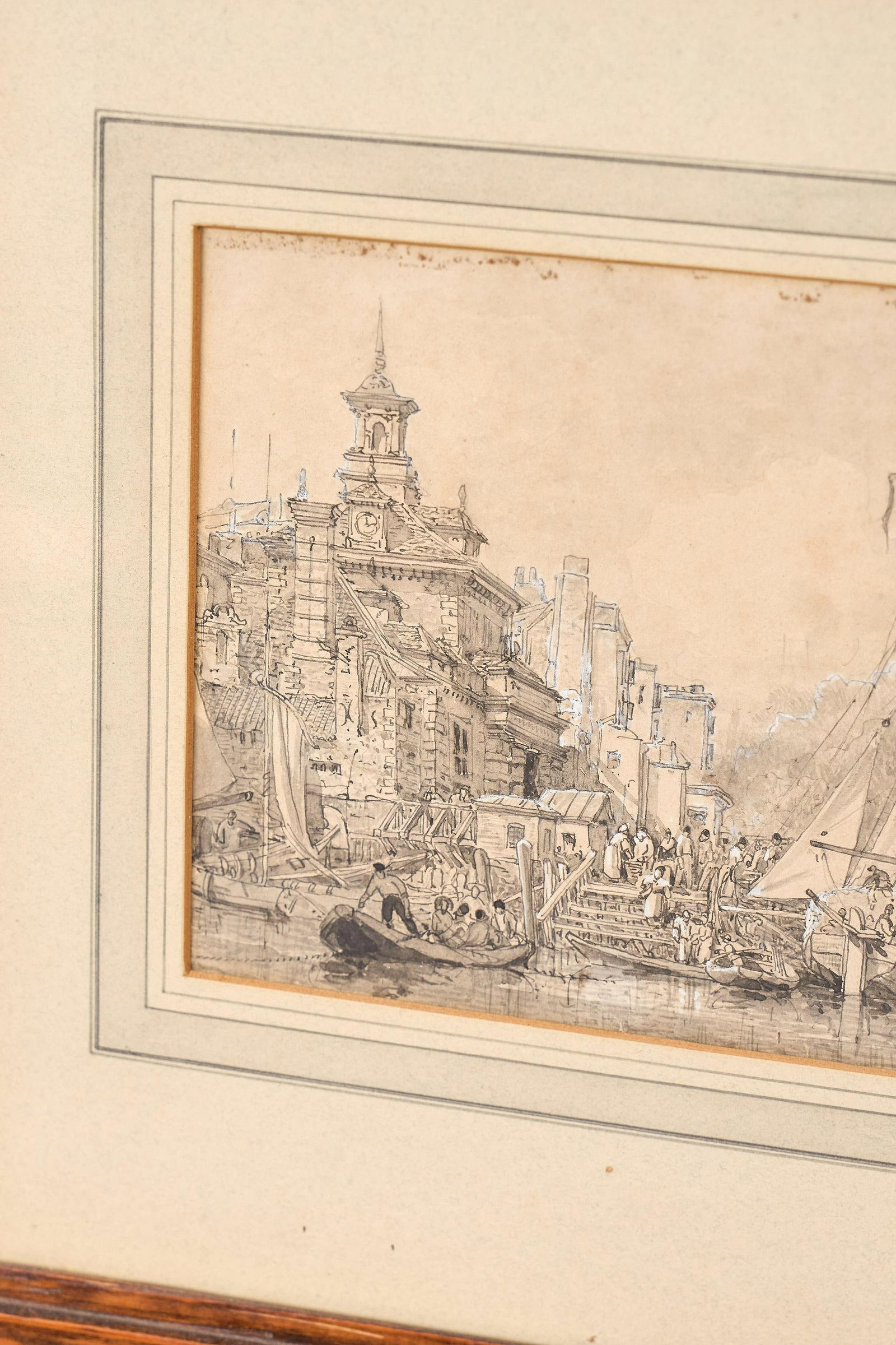 Original 19th Century Gauche + Watercolor Harbor Scene in Oak Frame - 5