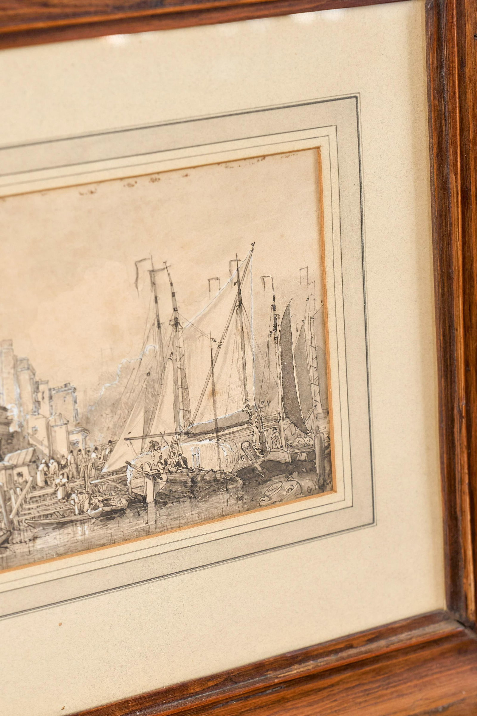 Original 19th Century Gauche + Watercolor Harbor Scene in Oak Frame - 6