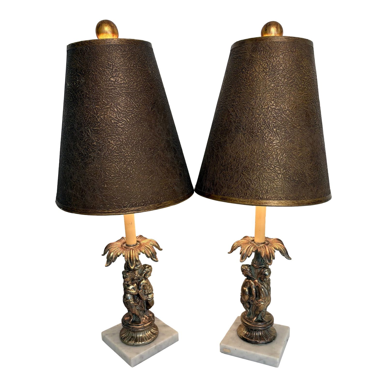 Vintage Rare Cherub Lamps With Marble Base Attached - a Pair: This lovely pair of cherub vintage lamps stands at 23" and is 9 x 9 wide and deep. The colors of the shades are rich against the marble base of the lamp. This base of the lamp was made during the