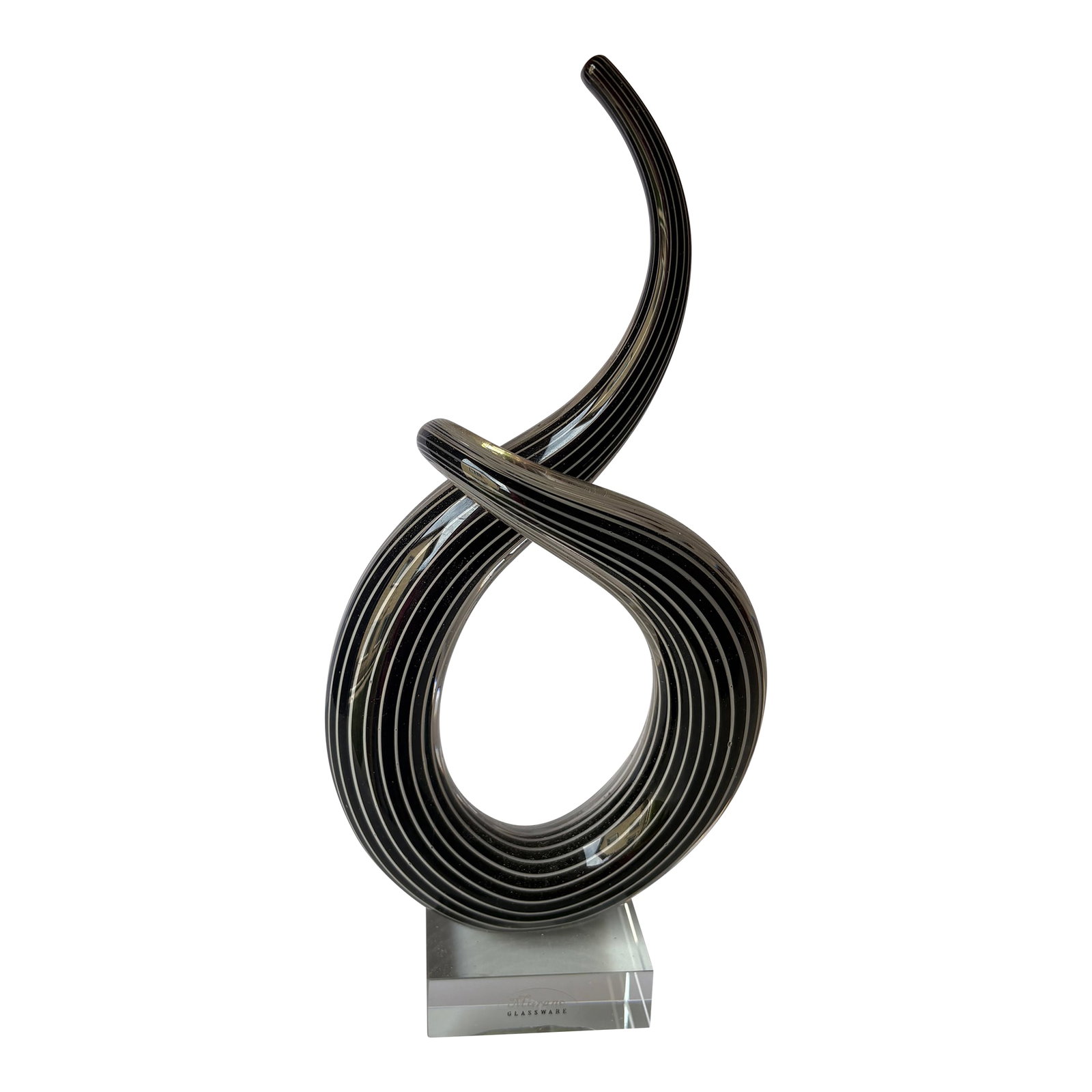 Murano Vintage Hand Blown Glass Sculpture, Twisted Ribbon Love Knot on a Clear Crystal Base: Standing 10 inches high by 4 1/2 wide and by 2 1/2 deep this Love Knot hand blown glass Murano sculpture from Venice made during the 1960's is a way to show how " Quantum entanglement love" looks