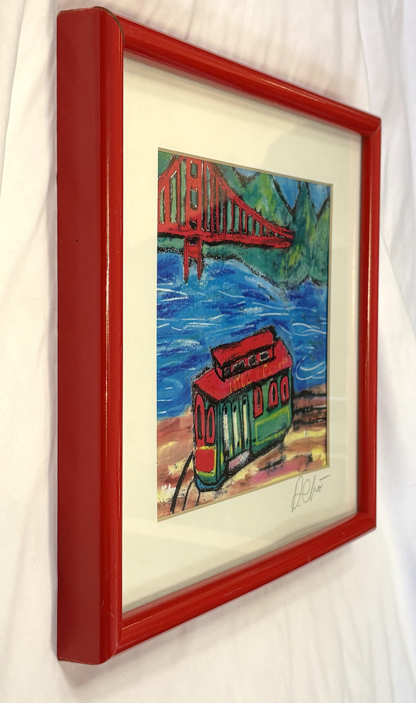 Original Signed and Framed Primitive Pastel Artwork Depicting a 'Bridge & Train' - 11