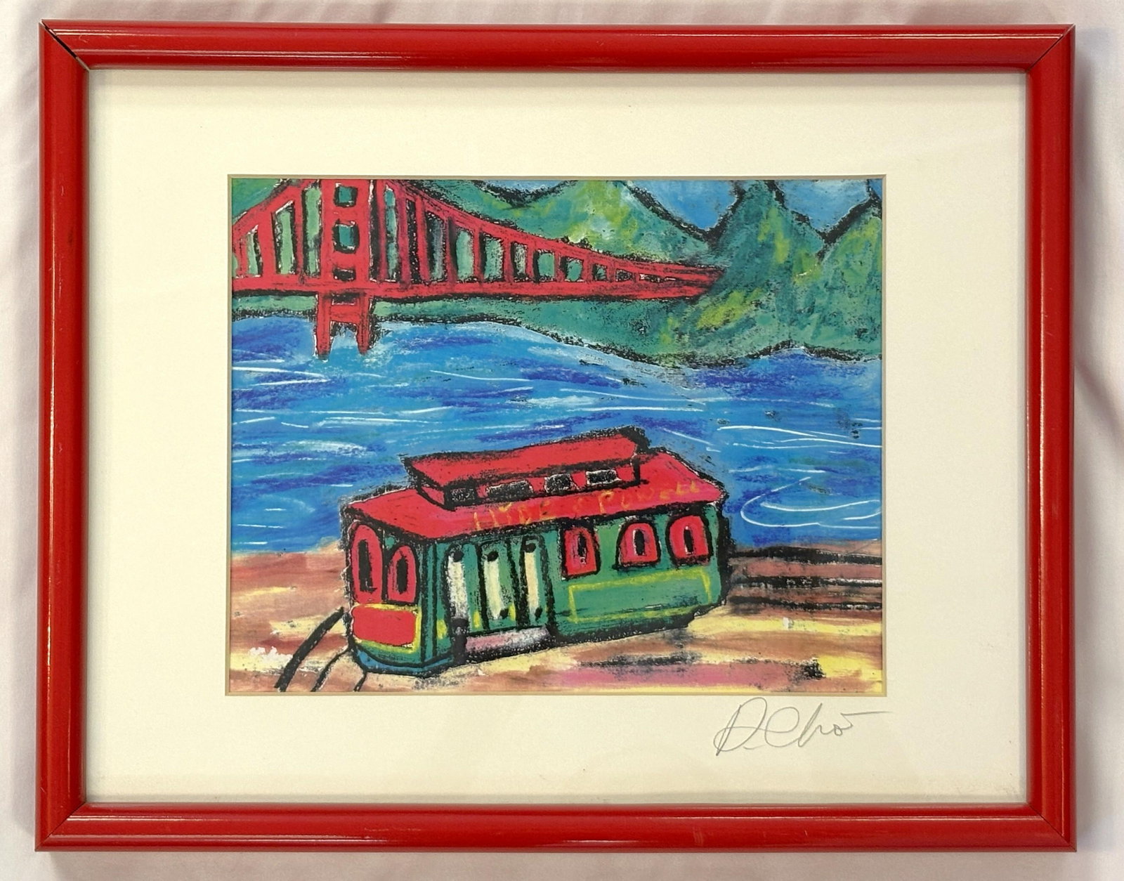 Original Signed and Framed Primitive Pastel Artwork Depicting a 'Bridge & Train' - 2