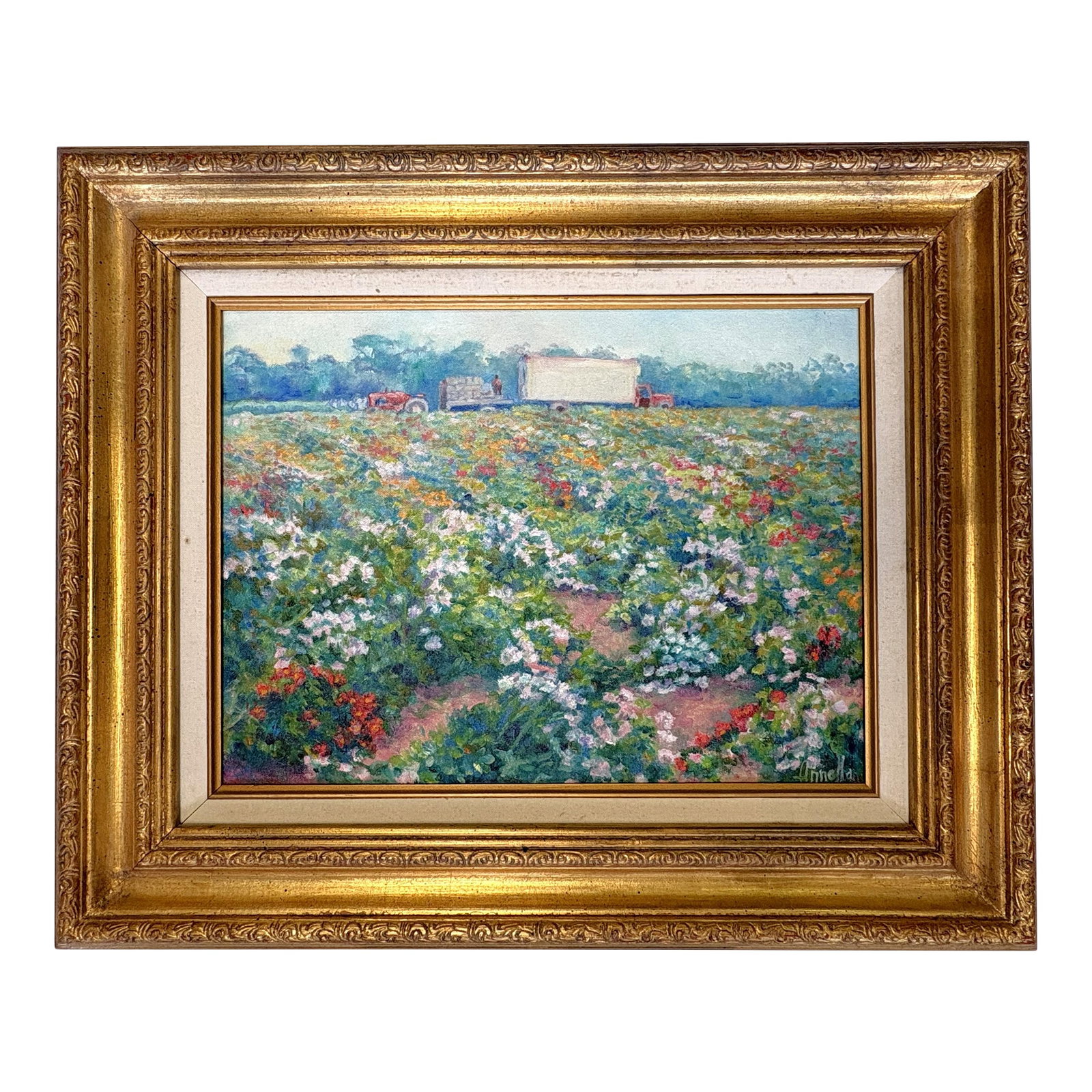 Annella Low (American, 1934-2024) Original Signed and Framed Oil on Canvas C1988 Titled 'Flower Farm: Pretty signed original oil painting on canvas by Annella Low (American, 1934-2024). Annella Low was known for her colorful impressionist style and painted with the Huntington Art League and Red Hat So