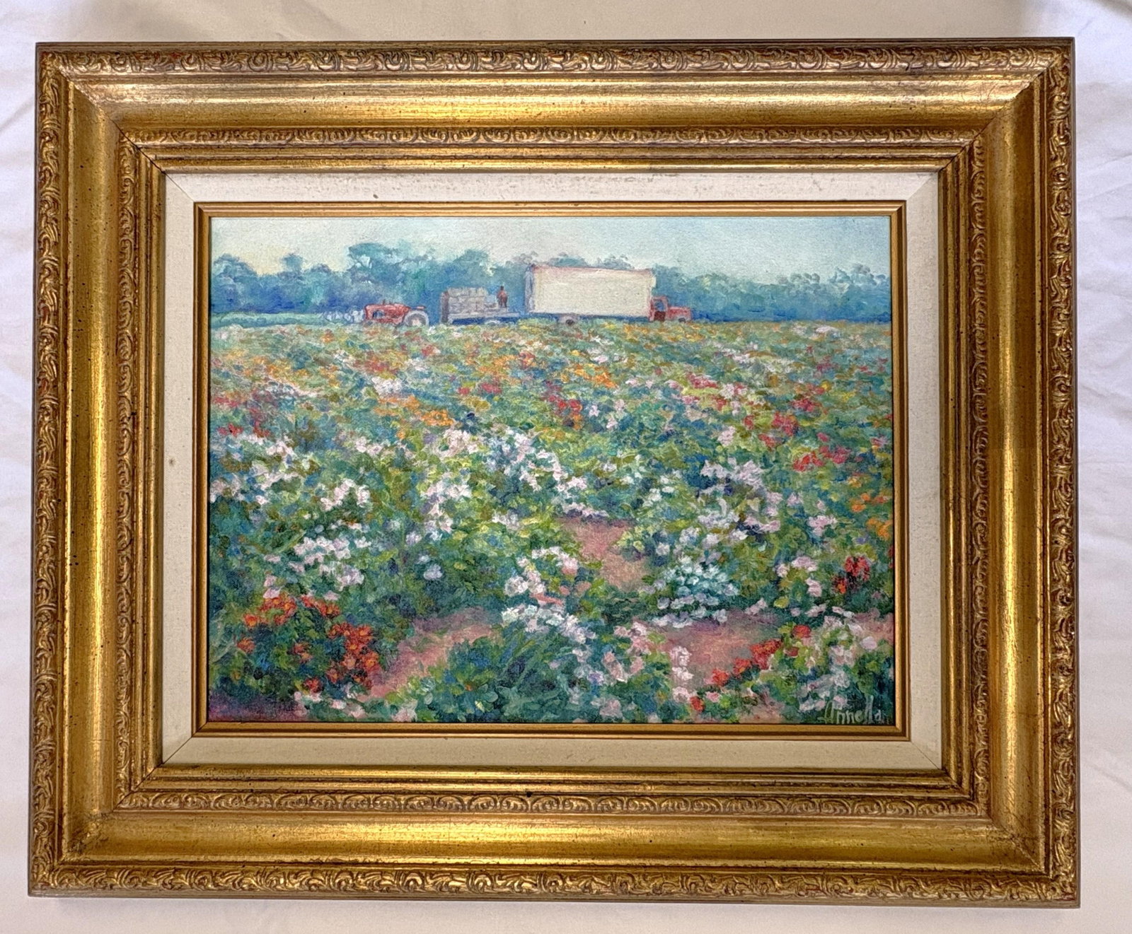 Annella Low (American, 1934-2024) Original Signed and Framed Oil on Canvas C1988 Titled 'Flower Farm - 2