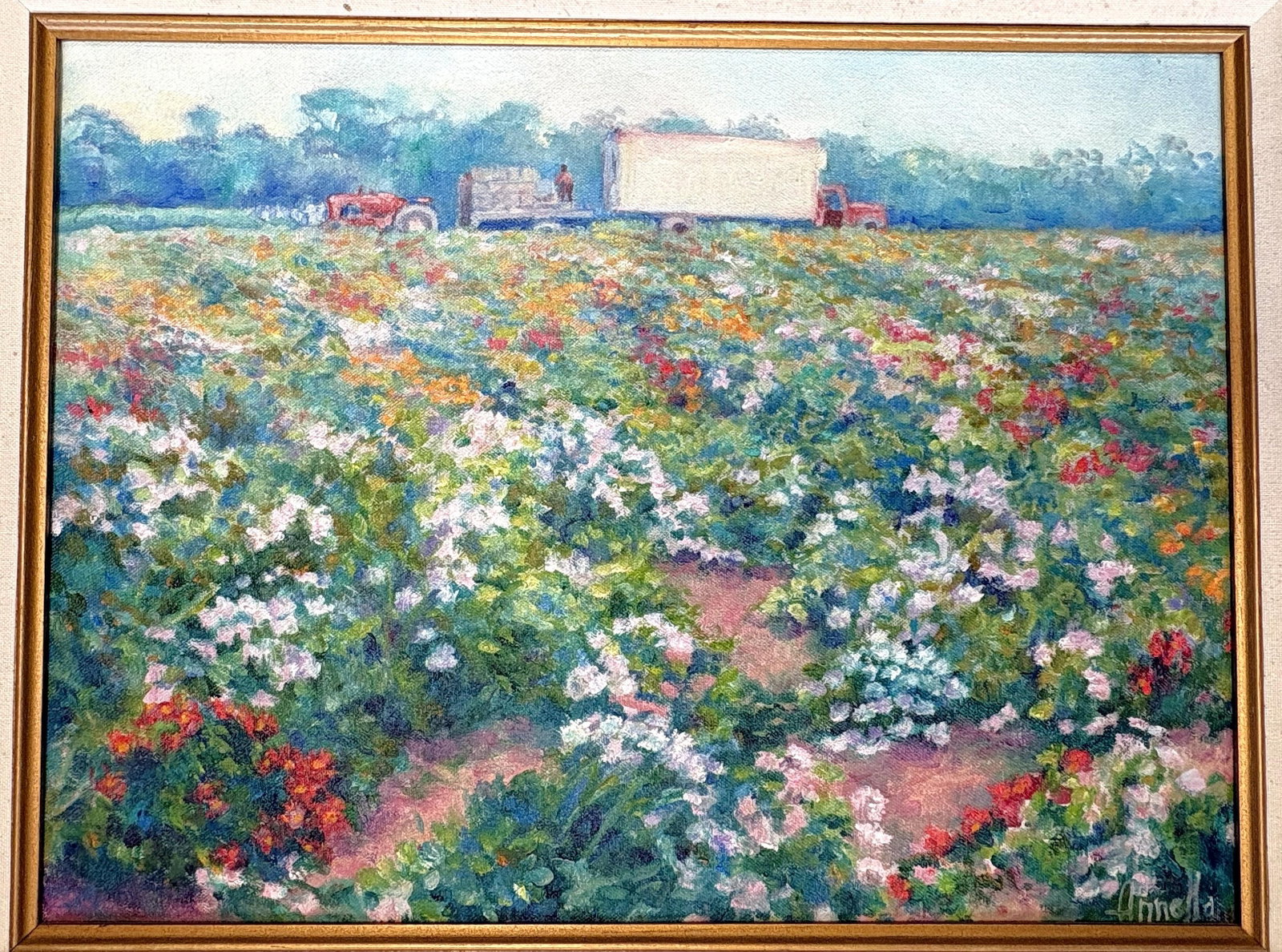 Annella Low (American, 1934-2024) Original Signed and Framed Oil on Canvas C1988 Titled 'Flower Farm - 3