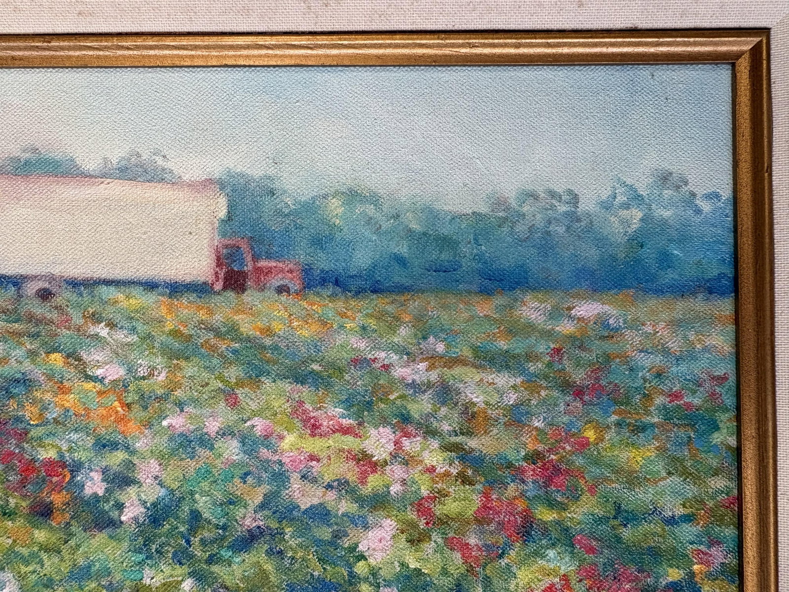 Annella Low (American, 1934-2024) Original Signed and Framed Oil on Canvas C1988 Titled 'Flower Farm - 4