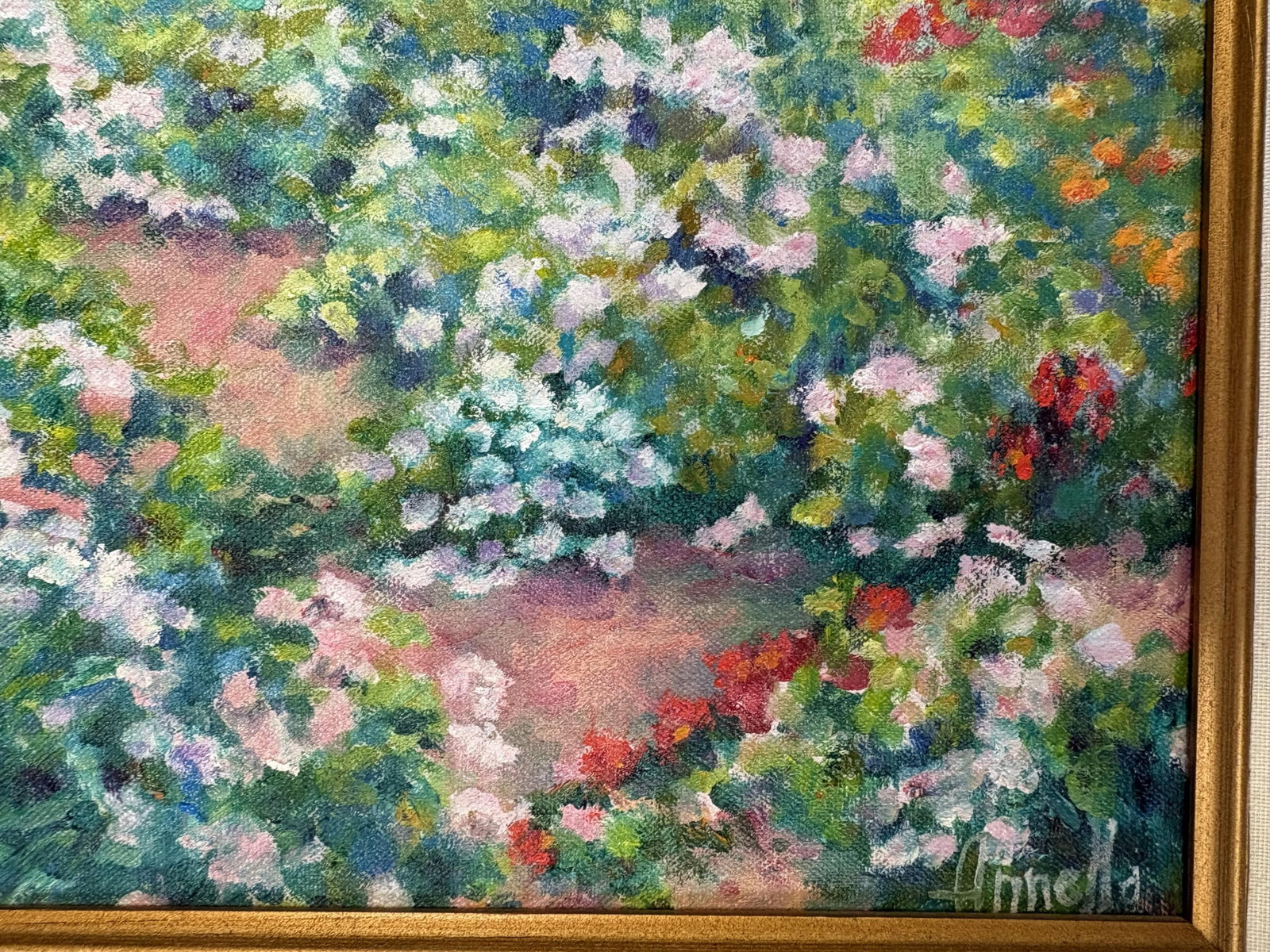 Annella Low (American, 1934-2024) Original Signed and Framed Oil on Canvas C1988 Titled 'Flower Farm - 5