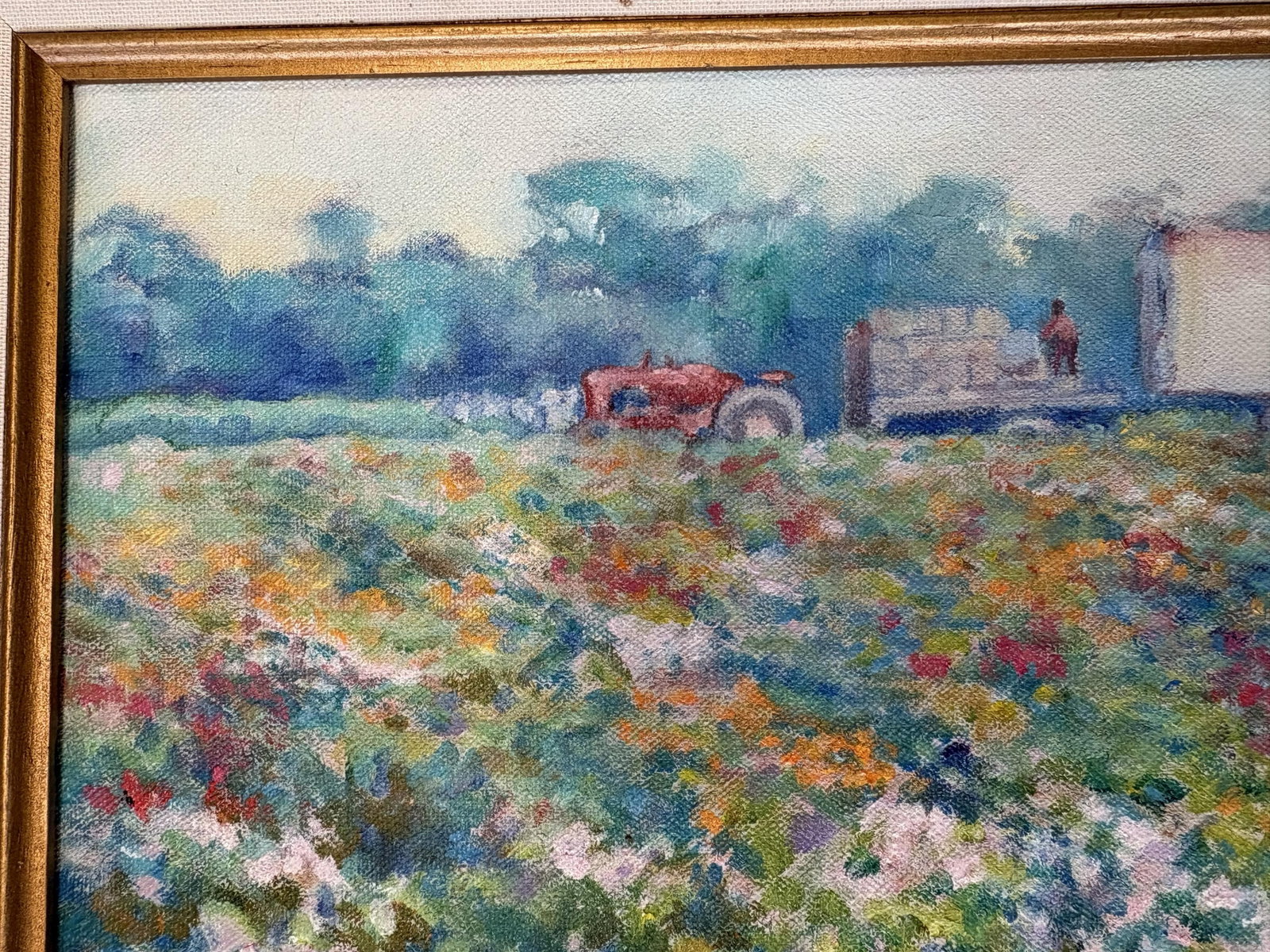 Annella Low (American, 1934-2024) Original Signed and Framed Oil on Canvas C1988 Titled 'Flower Farm - 6