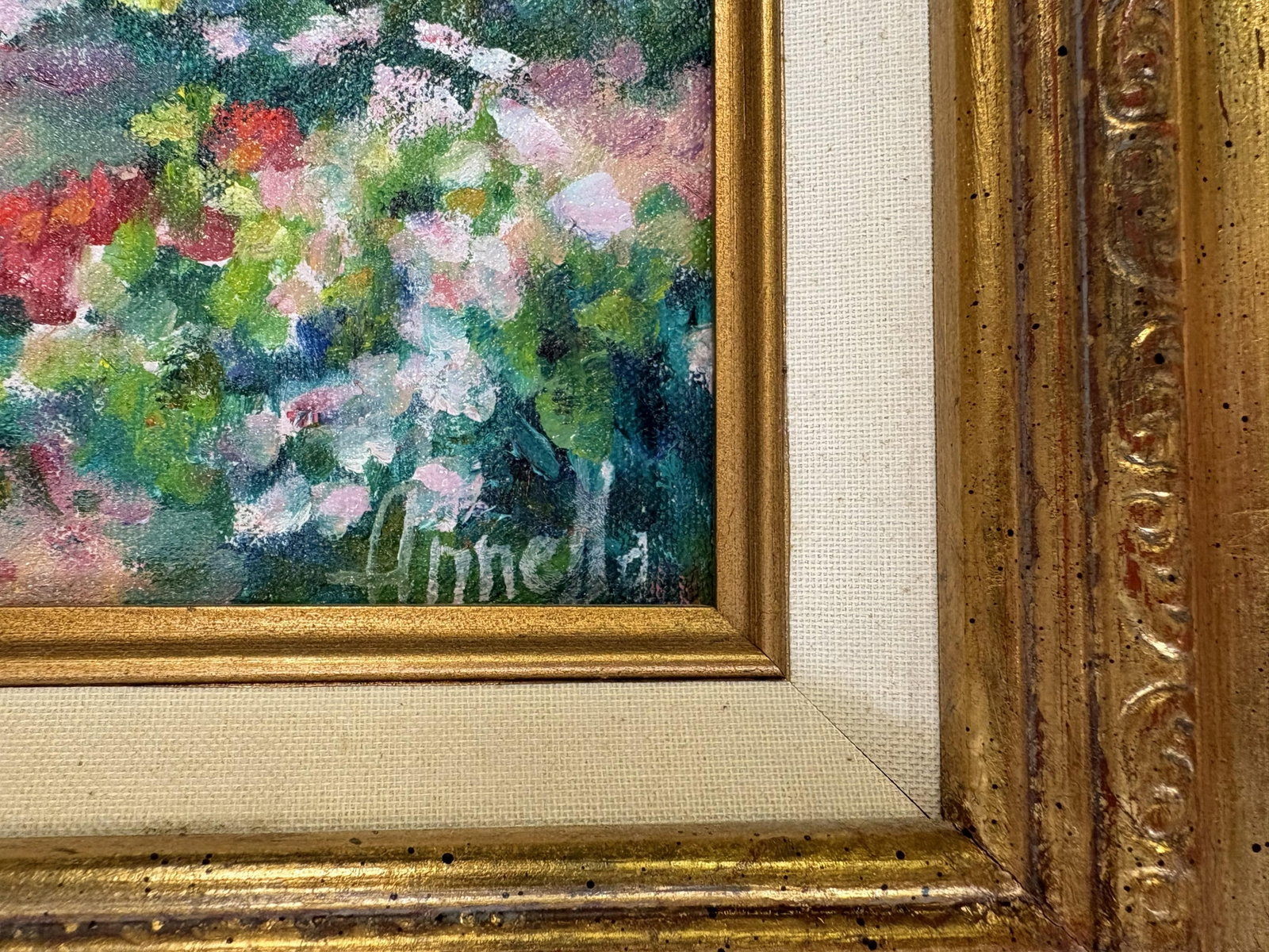 Annella Low (American, 1934-2024) Original Signed and Framed Oil on Canvas C1988 Titled 'Flower Farm - 7