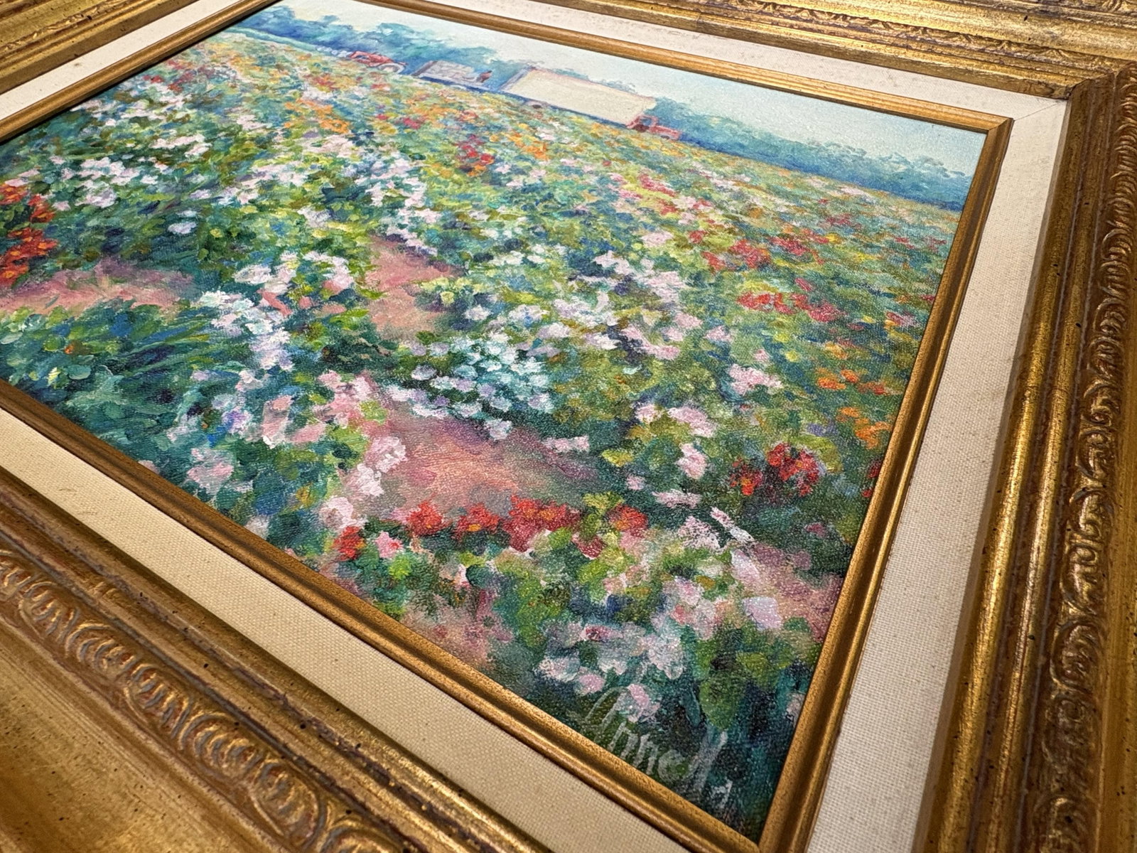 Annella Low (American, 1934-2024) Original Signed and Framed Oil on Canvas C1988 Titled 'Flower Farm - 8