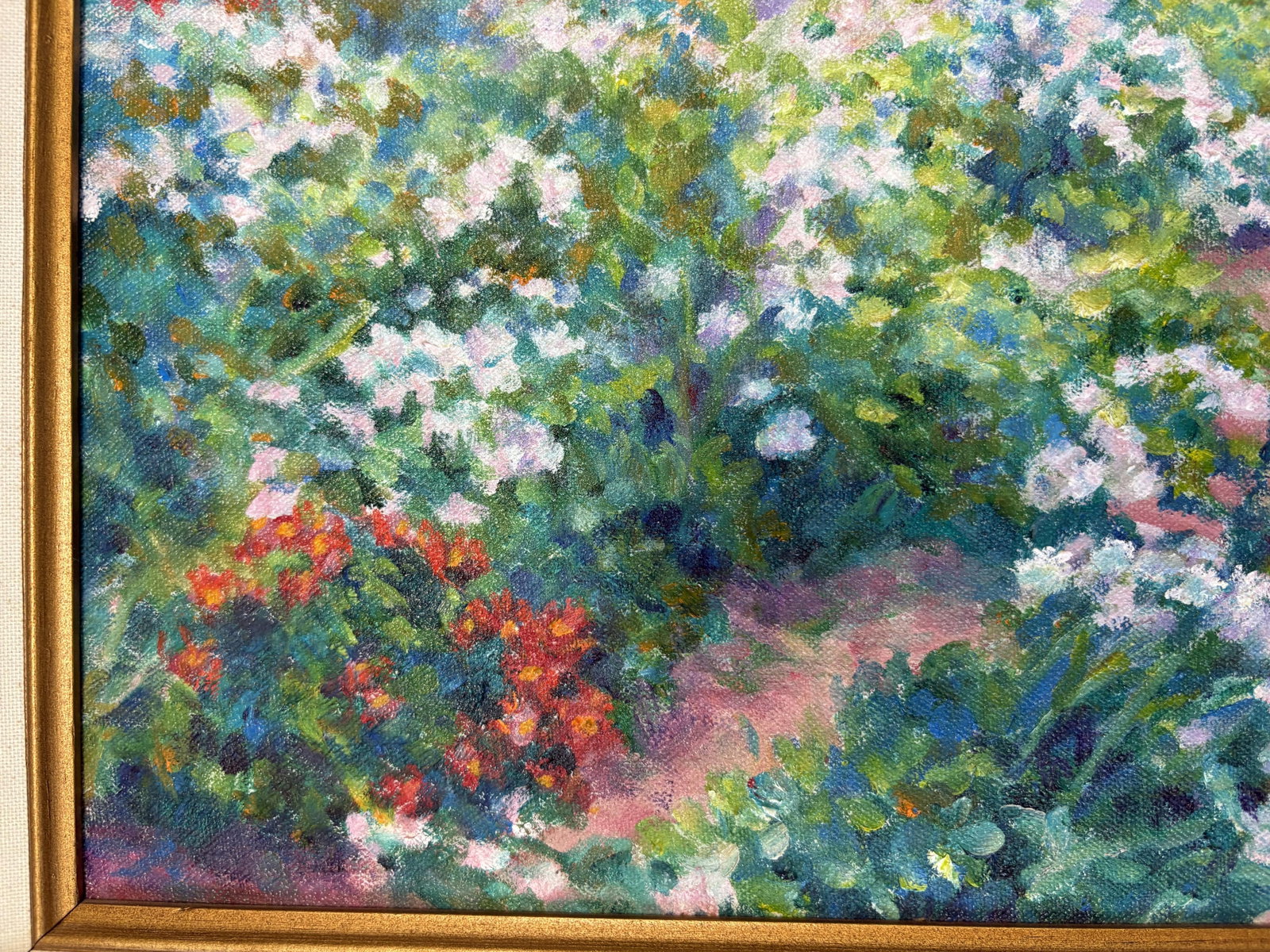 Annella Low (American, 1934-2024) Original Signed and Framed Oil on Canvas C1988 Titled 'Flower Farm - 9