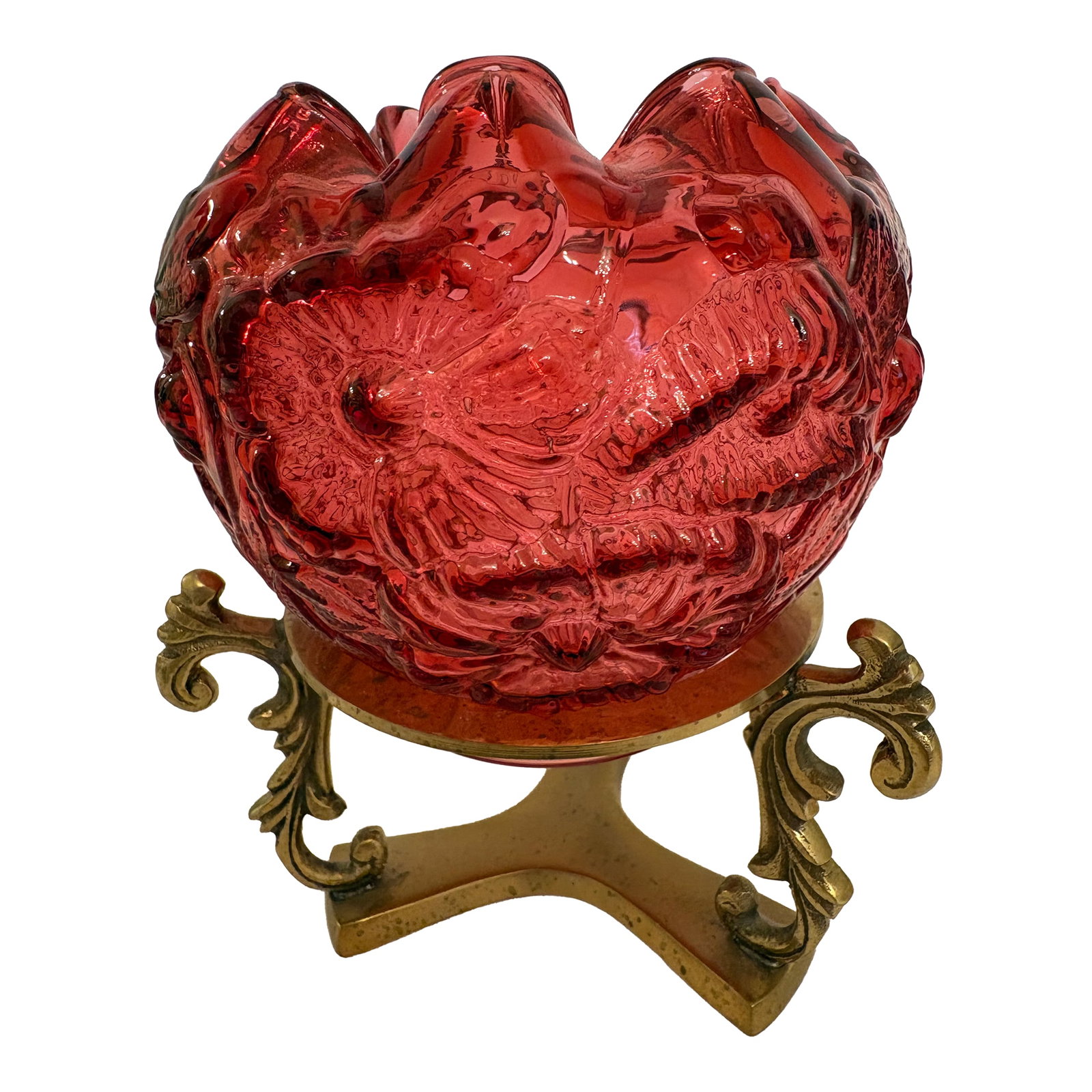 1980s Hollywood Regency Fenton Poppy Glass Bowl on Brass Stand (1 of 4)