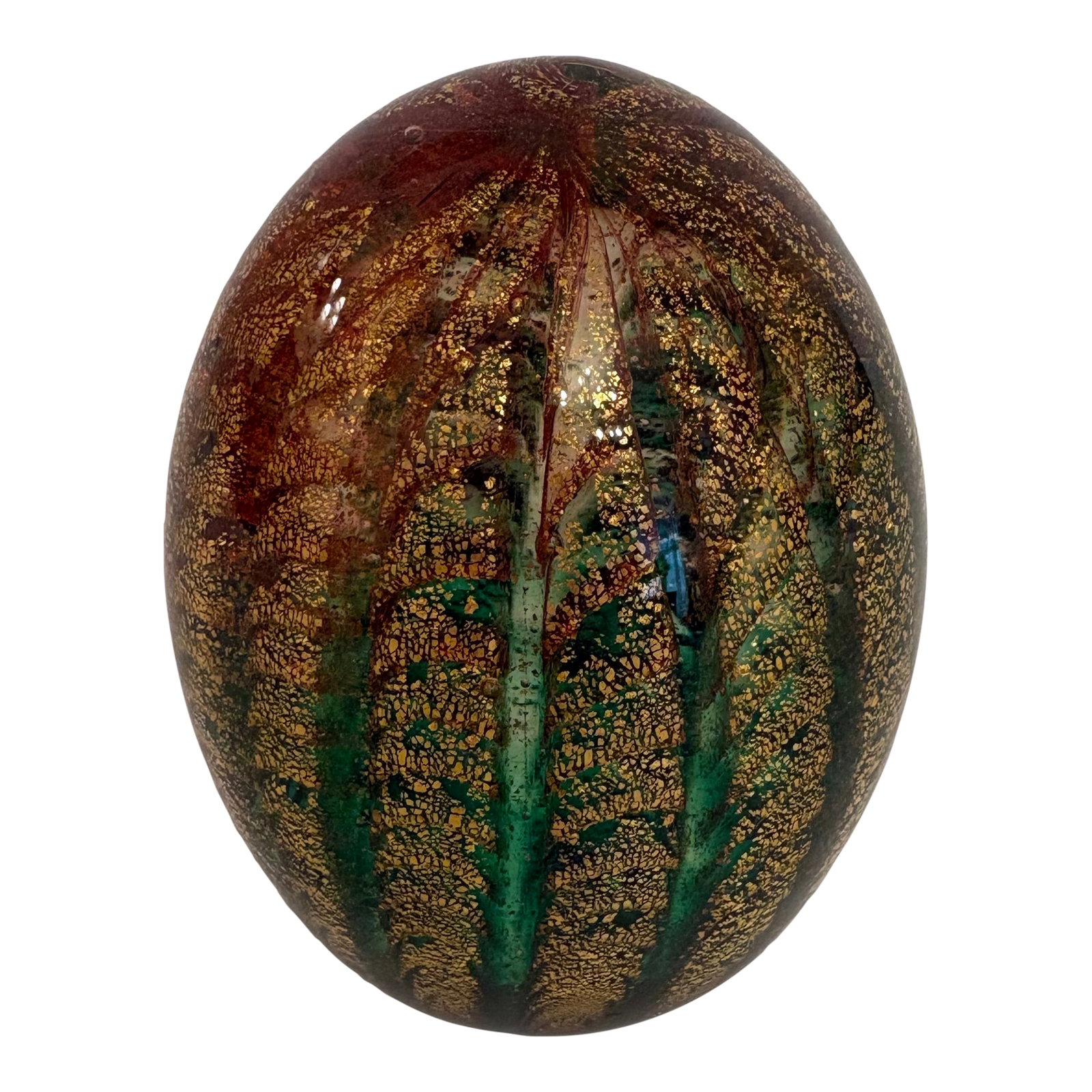 1950s Murano "Barovier & Toso" Hand Blown Glass Adventurine Gold Flex Paperweight: What a beautiful sight this Murano paperweight beholds. It's colors are truly amazing. The 24k gold dust flecks swirls in the green and amber is a specific techinique called "Cordonato Oro" (gold