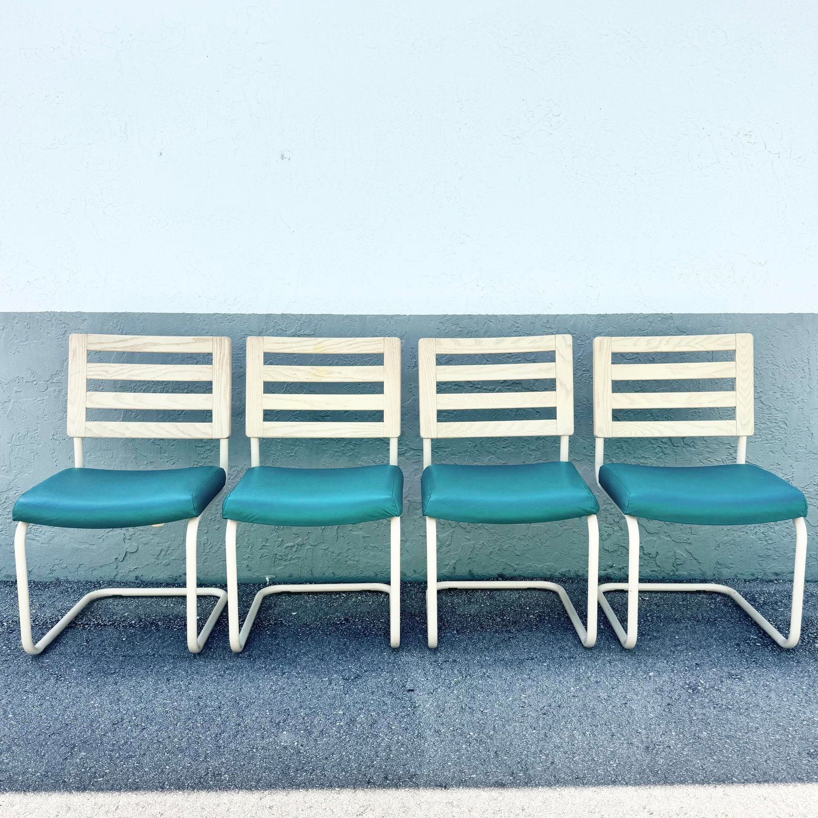 Postmodern Teal and Cream Cantilever Dining Chairs by Chromcraft - Set of 4 - 2
