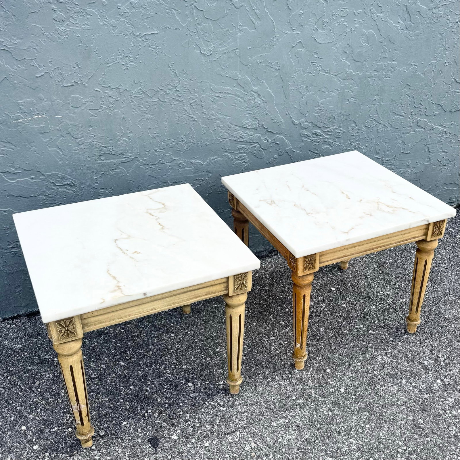 Neoclassical Portuguese Marble Top Wooden Side Tables - A Pair - 2