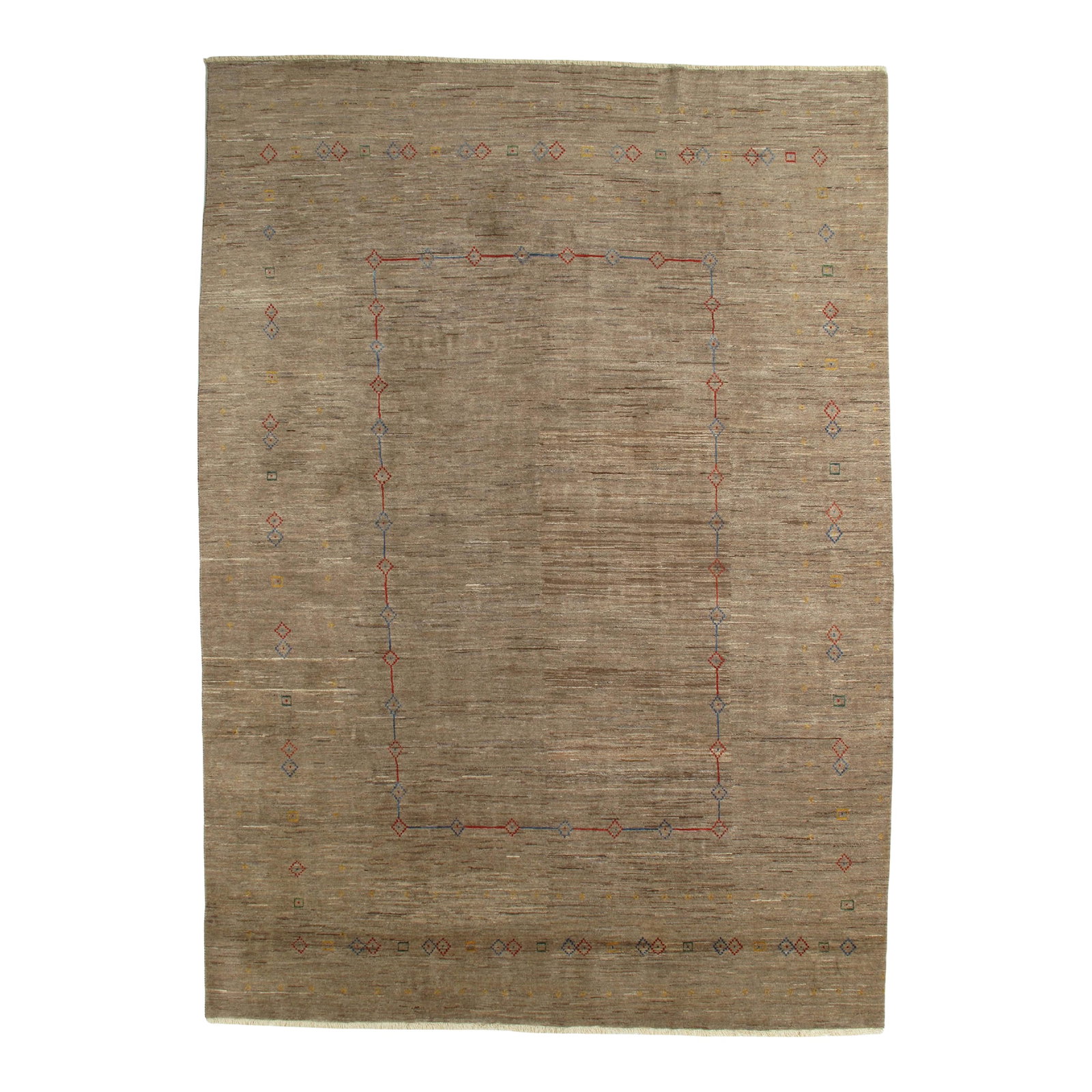Vintage Hand-Knotted Persian Gabbeh Rug 9'8" X 13'6": Vintage hand-knotted Persian Fine Lori Gabbeh rug featuring a soft, textured field with a delicate inner and outer border accented by small geometric motifs. Lori Gabbeh rugs, woven by nomadic tribes 