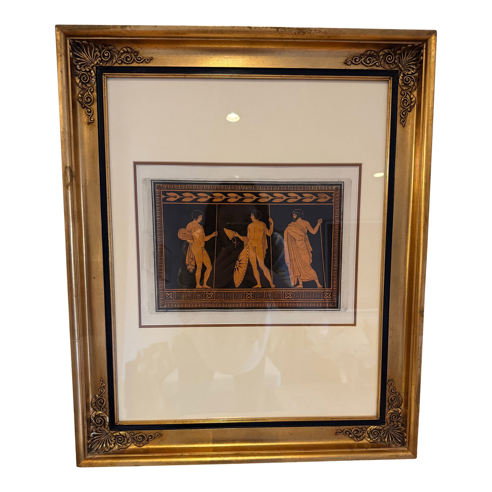18th Century Neoclassical Aquatint Engraving | Hamilton Collection | Greek Vase Figures | Double Mat: A striking 18th century neoclassical aquatint engraving after the celebrated Hamilton Collection of Greek, Etruscan, and Roman antiquities. This finely executed plate is drawn and engraved after the