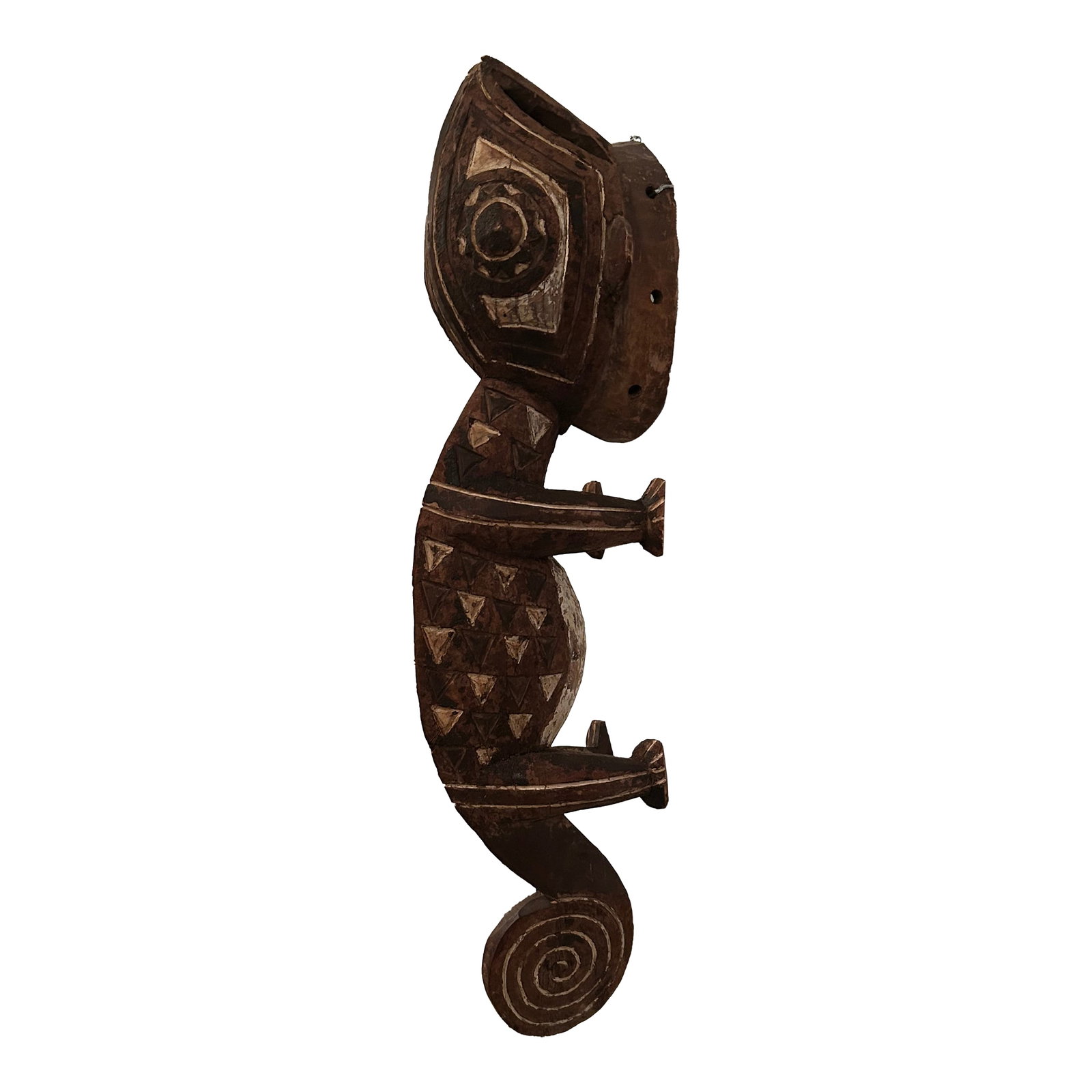 African Hand Carved Animal Wall Sculpture: Wonderful hand carved African wall sculpture of a whimsical imaginary animal, naively painted with white details. Wired to hang. Condition: Alterations: Original Condition Unaltered Imperfections: Som