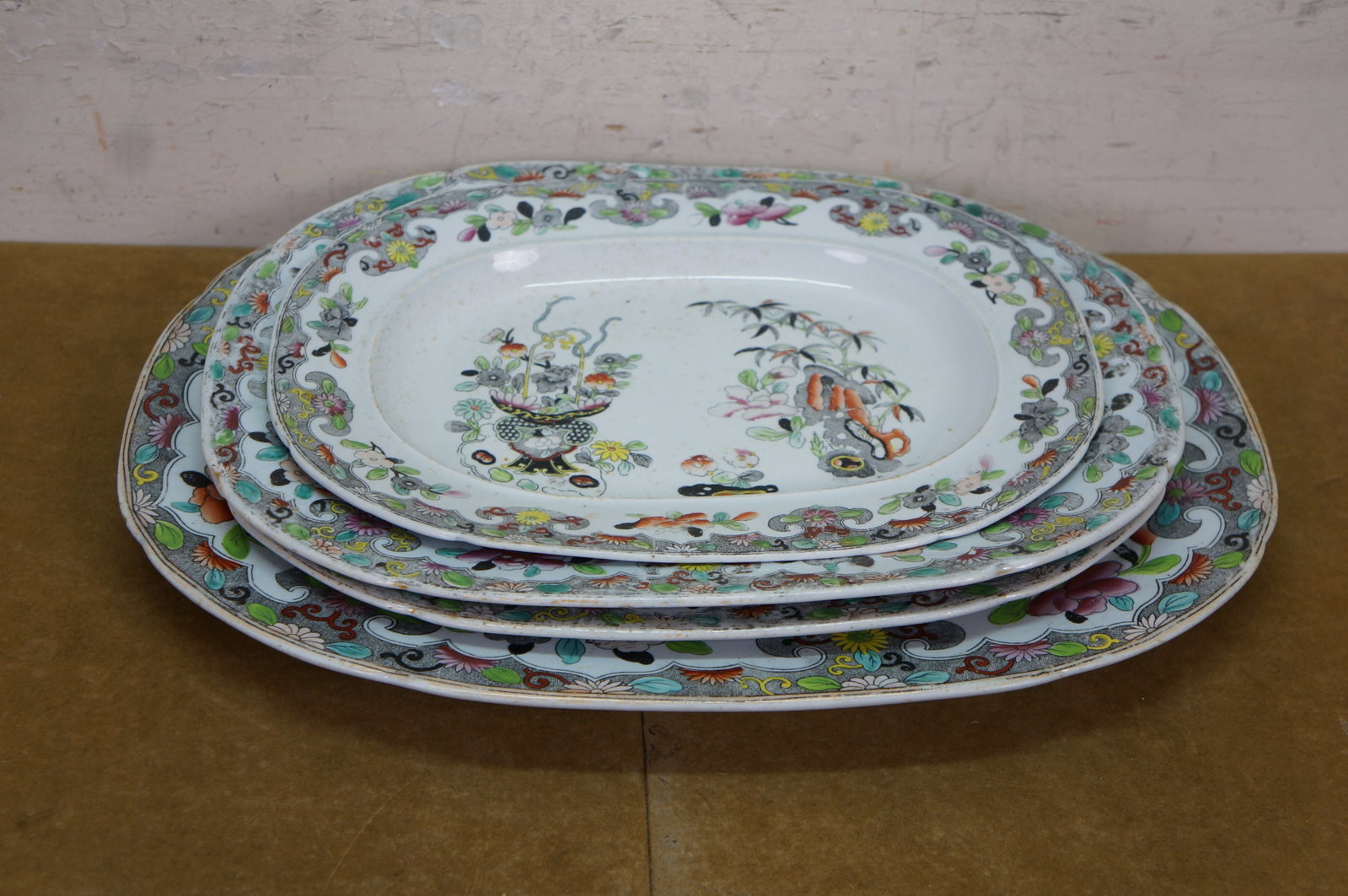 Antique 1825 Stephan Folch Bamboo & Basket Ironstone China Platters - Set of 4 - 14