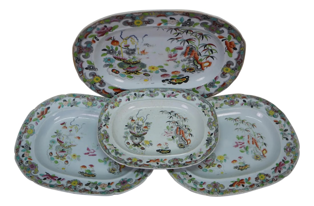 Antique 1825 Stephan Folch Bamboo & Basket Ironstone China Platters - Set of 4 (1 of 14)