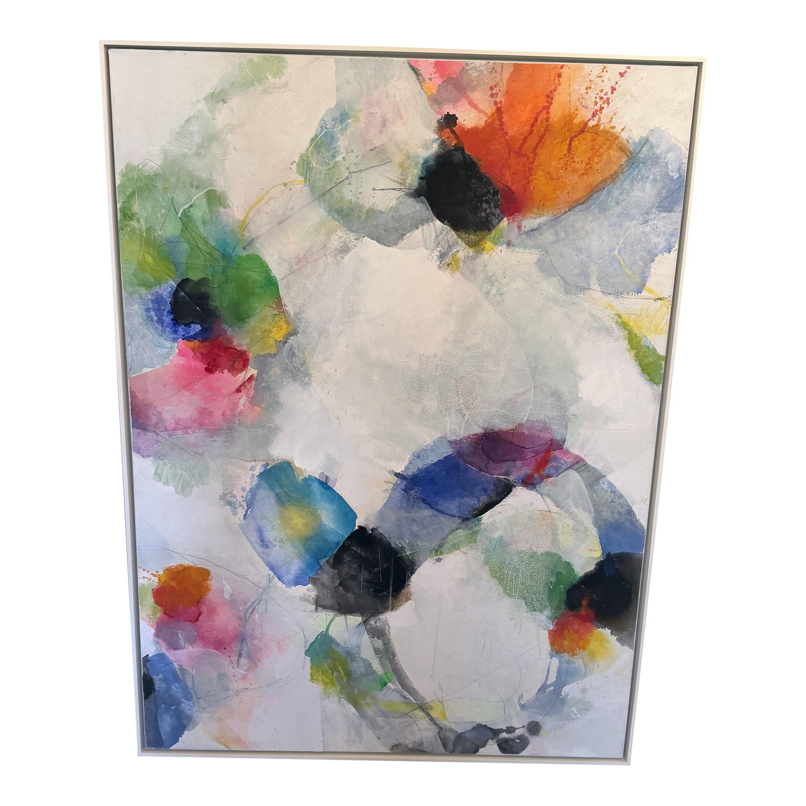 Contemporary Doug Kennedy "Love Letter" - Mixed Media on Canvas: Original mixed media painting on canvas by Doug Kennedy, titled "Love Letter." This expressive, abstract work features a luminous palette of soft whites, warm pinks, deep blues, and vibrant accents.
