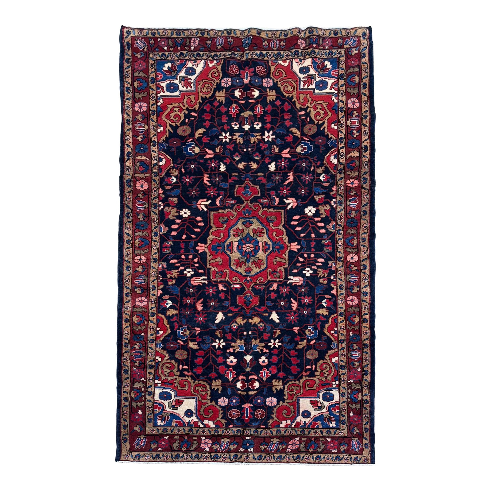 Antique Persian Hamadan Hand-Knotted Rug 5'3" X 10'4": Hand-knotted rug from the Hamadan region of western Iran, featuring a large central medallion set within a dark navy field. The composition is filled with stylized floral and botanical motifs arranged