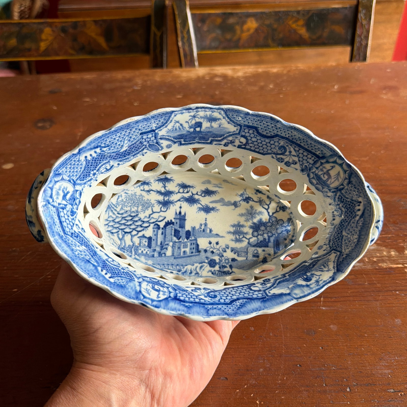 Antique Staffordshire Pearlware Blue Transfer "Gothic Castle" Chestnut Basket, Attributed to Spode, - 10