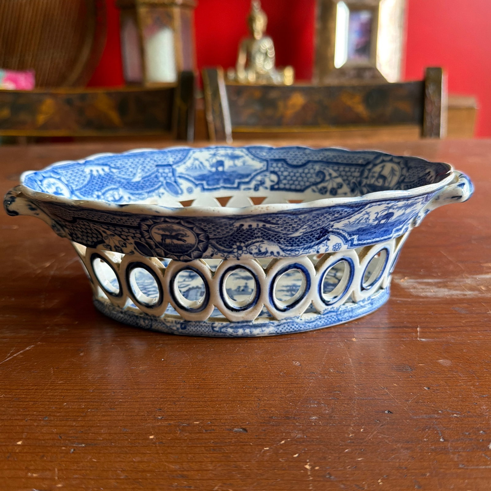 Antique Staffordshire Pearlware Blue Transfer "Gothic Castle" Chestnut Basket, Attributed to Spode, - 11